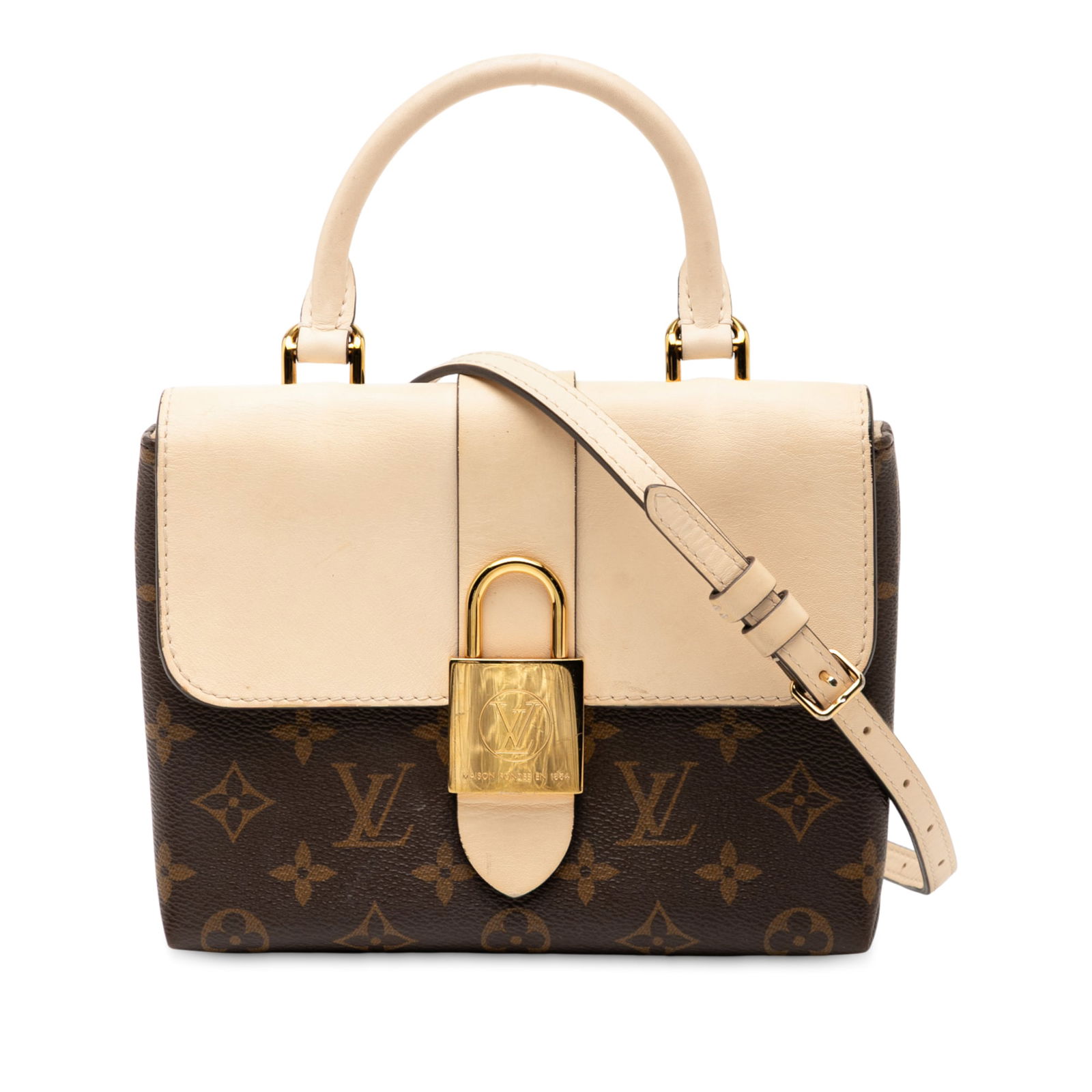 Louis Vuitton Monogram Locky BB Brown Handbag with Padlock Closure: Louis Vuitton Monogram Locky BB Brown Handbag with Padlock Closure The Louis Vuitton Monogram Locky BB is an elegant handbag crafted from signature monogram canvas. It features a rolled leather top ha