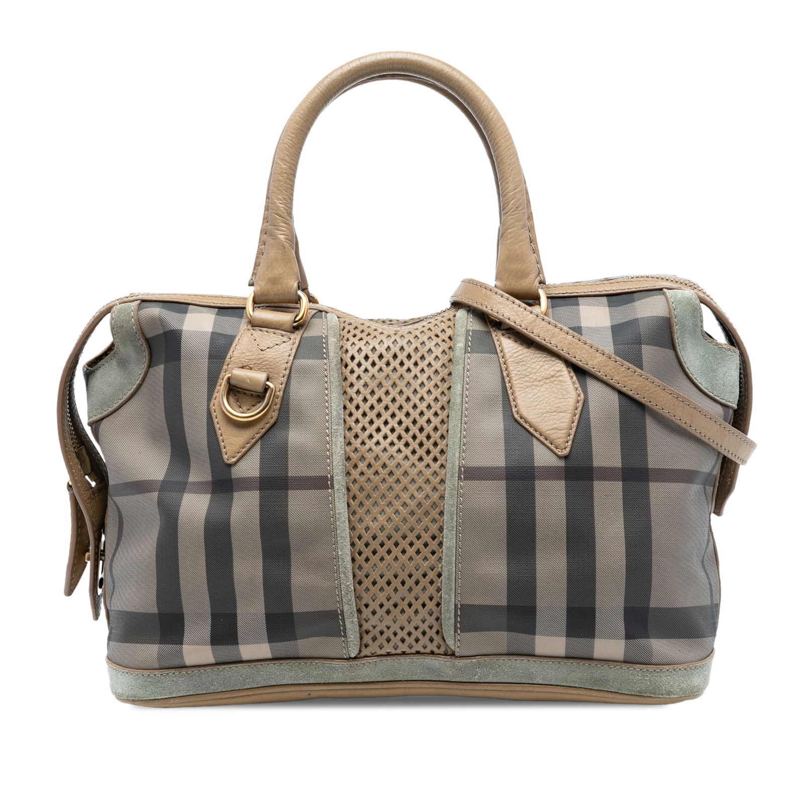 Burberry Brown Canvas and Leather Satchel with House Check Pattern: Burberry Brown Canvas and Leather Satchel with House Check Pattern This Burberry House Check Canvas Satchel showcases the brand's iconic house check canvas with leather trim accents. It features rolle