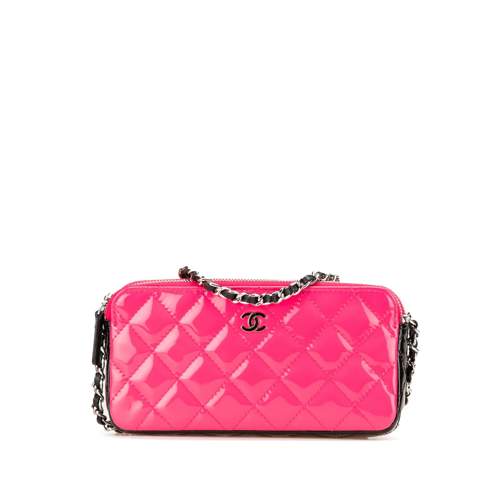 Chanel Bicolor Patent Double Zip Wallet on Chain Pink Leather: Chanel Bicolor Patent Double Zip Wallet on Chain Pink Leather The Chanel Bicolor Patent Double Zip Wallet on Chain is a stylish accessory crafted with a quilted patent leather body. This wallet featur