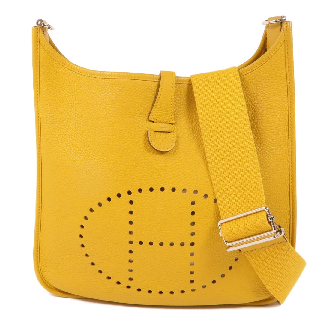 HERMES Evelyne PM Shoulder Bag Yellow Taurillon Clemence Leather: HERMES Evelyne PM Shoulder Bag Yellow Taurillon Clemence Leather This exquisite HERMES Evelyne PM Shoulder Bag is crafted from high-quality Taurillon Clemence leather, showcasing a vibrant Jaune Ambre