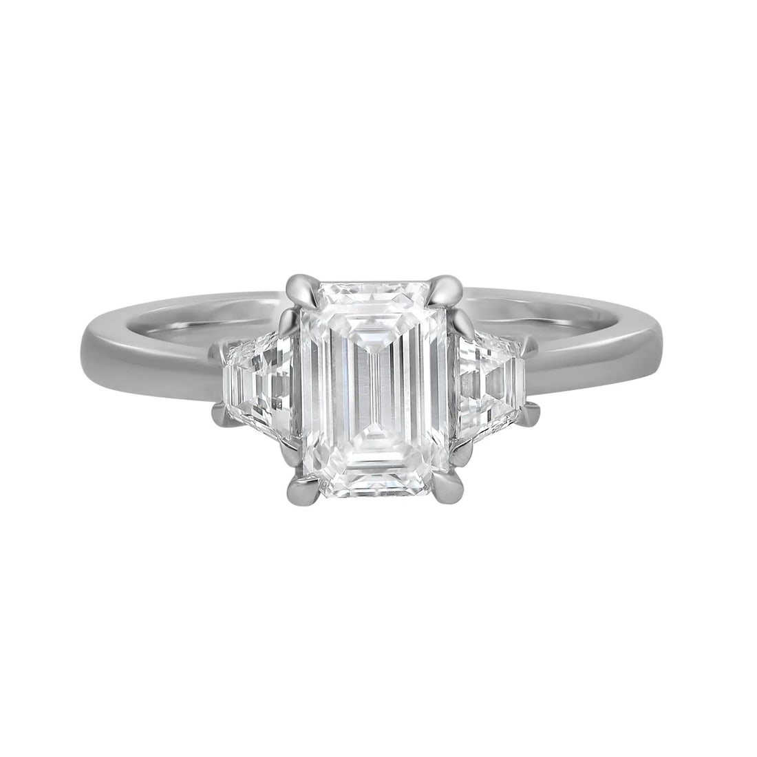 Rachel Koen Platinum Emerald & Trapezoid Lab Grown Diamond Engagement Ring 1.43Cttw: Rachel Koen Platinum Emerald & Trapezoid Lab Grown Diamond Engagement Ring 1.43Cttw This exquisite engagement ring showcases a stunning emerald cut lab grown diamond at its center, elegantly secured i