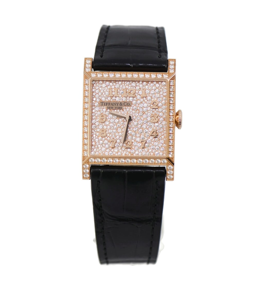 Tiffany & Co Landmark Diamond 18K Rose Gold Wristwatch with Box: Tiffany & Co Landmark Diamond 18K Rose Gold Wristwatch with Box This exquisite Tiffany & Co. Landmark Diamond wristwatch is a stunning blend of elegance and luxury. Crafted from 18K rose gold, the wat