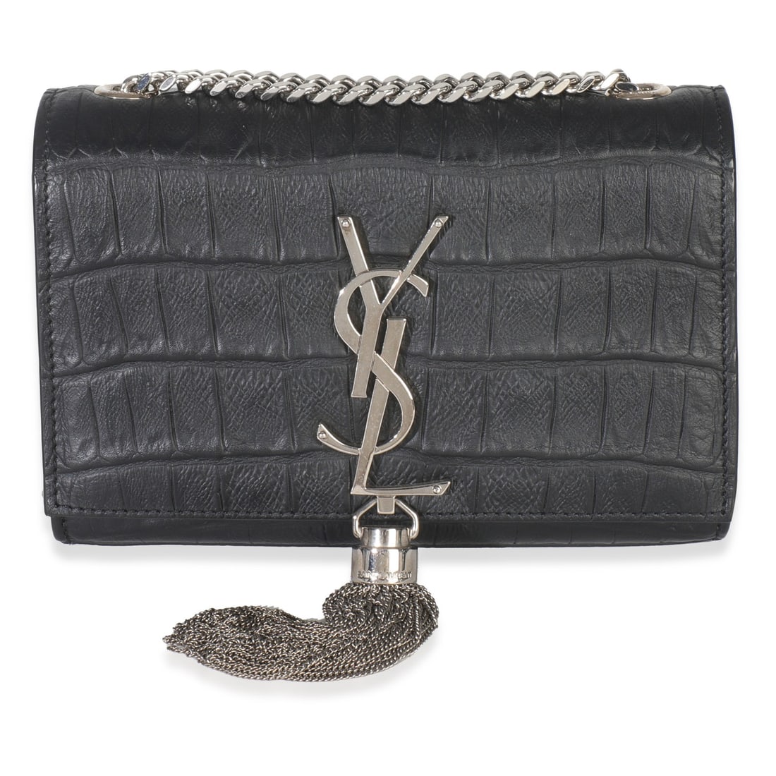 Black Crocodile Embossed Small Monogram Kate Tassel Shoulder Bag by Saint Laurent: Black Crocodile Embossed Small Monogram Kate Tassel Shoulder Bag by Saint Laurent This Saint Laurent Small Classic Monogram Kate Tassel shoulder bag features a black crocodile-embossed exterior with s