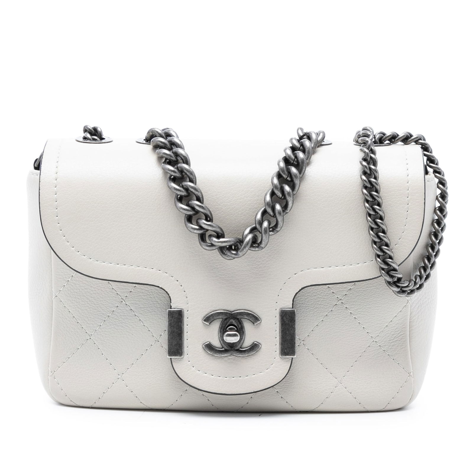 Chanel Archi Chic Paris-Greece Quilted Calfskin Flap Bag with Chain Handle: Chanel Archi Chic Paris-Greece Quilted Calfskin Flap Bag with Chain Handle This Chanel Paris-Greece Calfskin Archi Chic Flap bag showcases a quilted leather exterior in white, complemented by a silver
