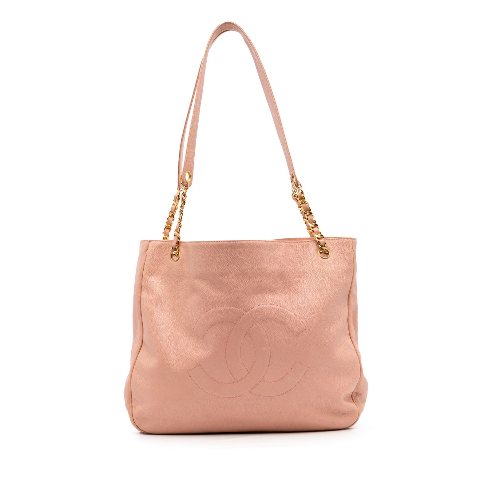 Chanel Pink CC Caviar Leather Chain Tote Bag: Chanel Pink CC Caviar Leather Chain Tote Bag This elegant Chanel CC Caviar Chain Tote is crafted from luxurious caviar leather and features stylish leather woven chain straps with leather guards for a