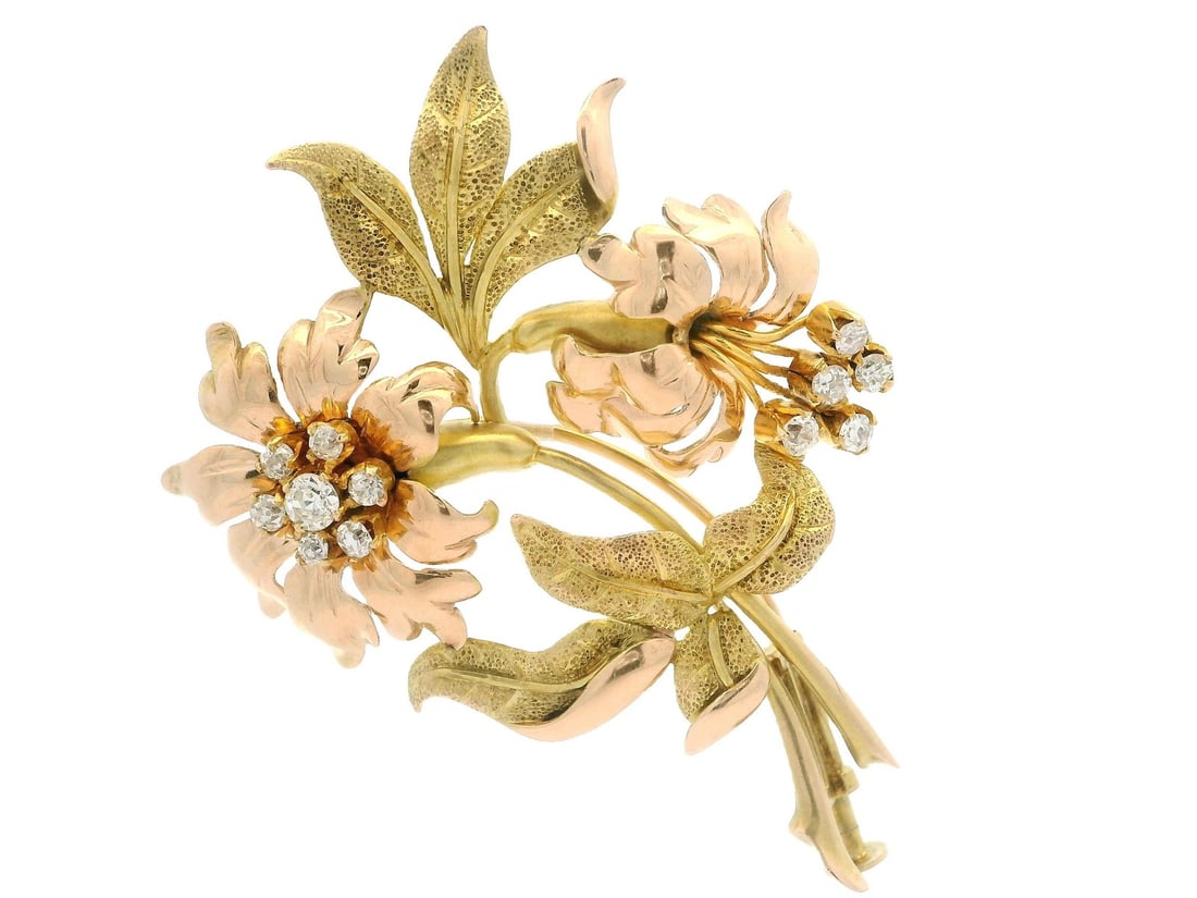 Antique Art Nouveau 14k Green Rose Gold Diamond Flower Leaf Brooch (1 of 6)