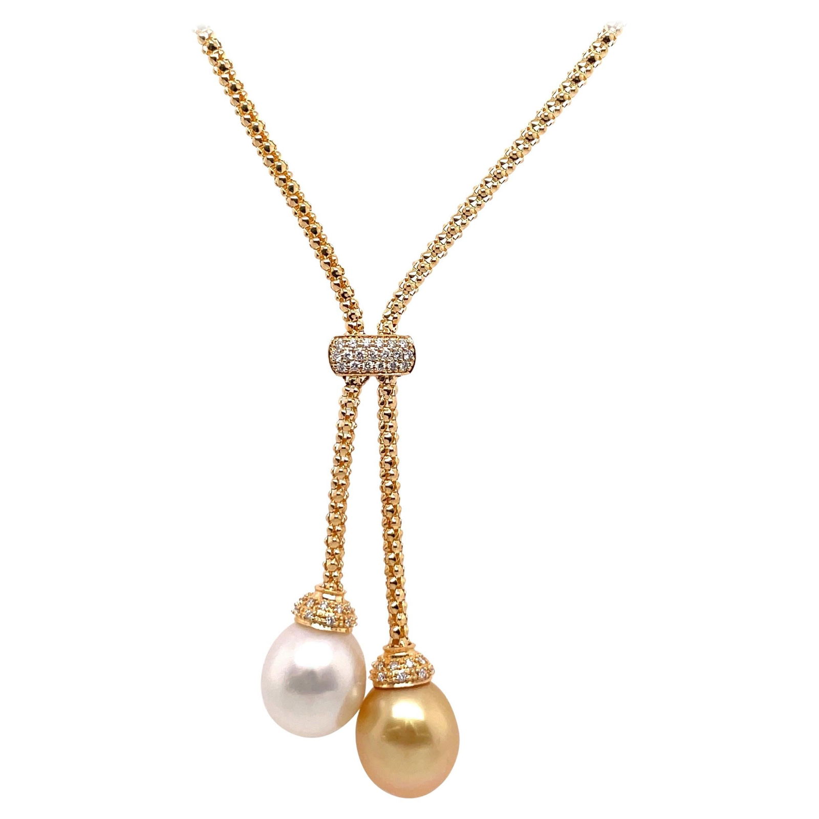 Harbor Diamonds 18K Yellow Gold South Sea Pearl Diamond Tassel Necklace: Harbor Diamonds 18K Yellow Gold South Sea Pearl Diamond Tassel Necklace This exquisite 18 Karat Yellow Gold necklace is a stunning piece of contemporary jewelry, designed to make a statement. The neck
