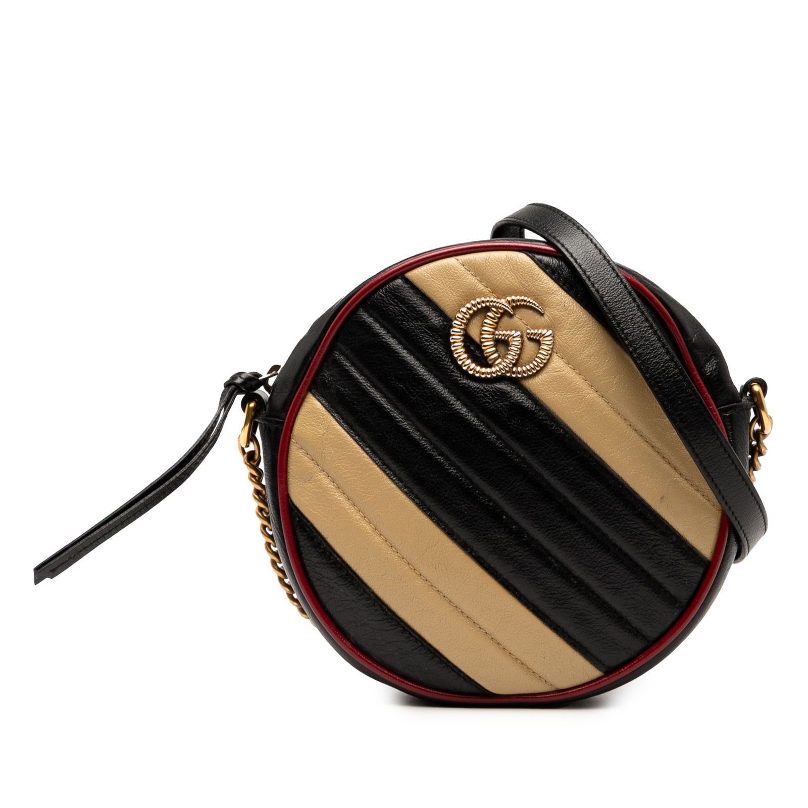 Gucci GG Marmont Mini Torchon Quilted Leather Round Crossbody Bag: Gucci GG Marmont Mini Torchon Quilted Leather Round Crossbody Bag This Gucci Mini GG Marmont Matelasse Leather Torchon Round Crossbody bag showcases a quilted black leather body and a round silhouette