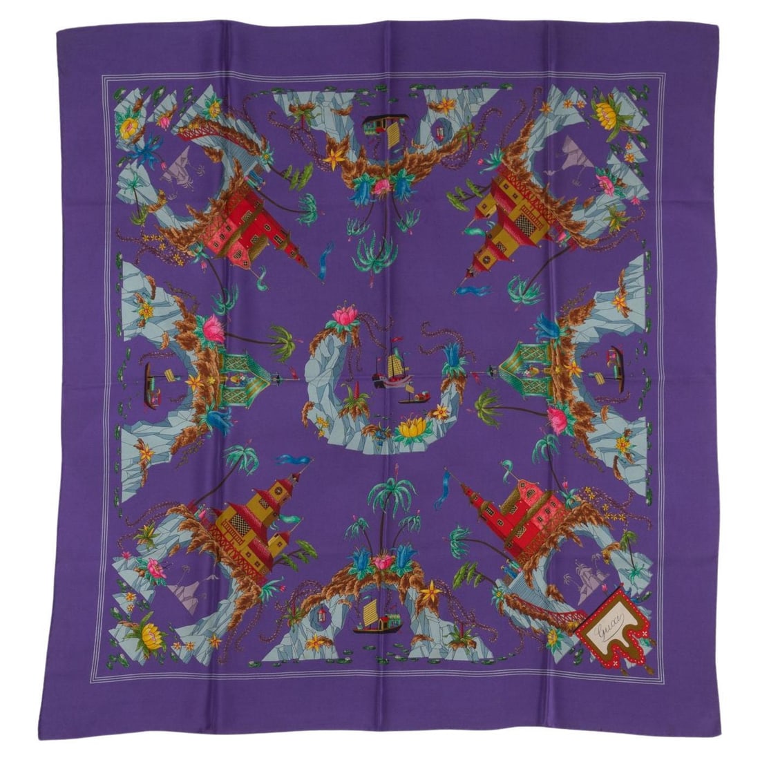 Gucci Vintage Silk Scarf by Vittorio Accornero 32 in Made in Italy: Gucci Vintage Silk Scarf by Vittorio Accornero 32 in Made in Italy This exquisite vintage silk scarf from Gucci showcases the artistry of designer Vittorio Accornero. Made from 100% silk, it features
