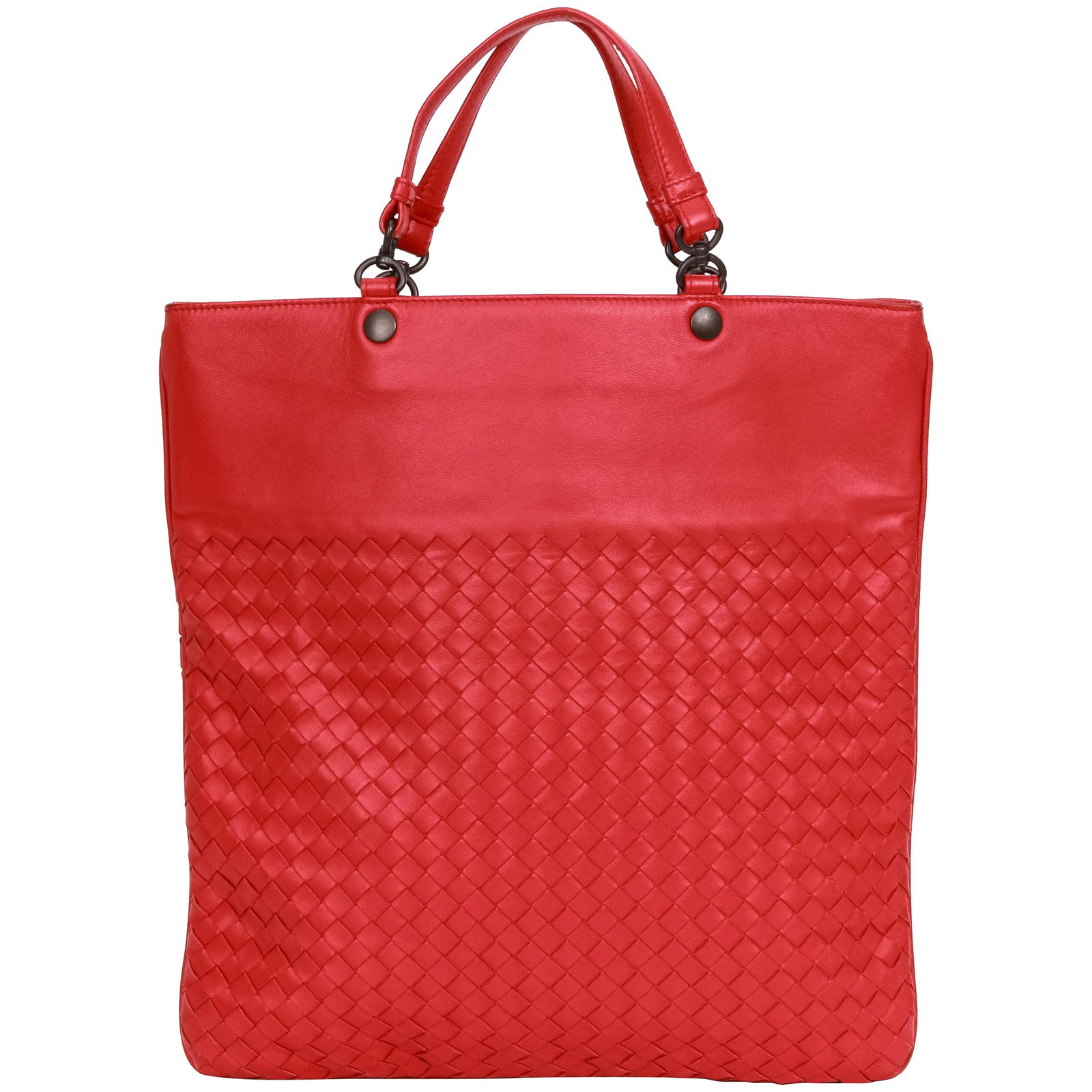 Bottega Veneta Red Lambskin Intrecciato Woven Leather Bag: Bottega Veneta Red Lambskin Intrecciato Woven Leather Bag This exquisite Bottega Veneta Intrecciato bag is crafted from luxurious red lambskin leather, showcasing the brand's signature woven design. I