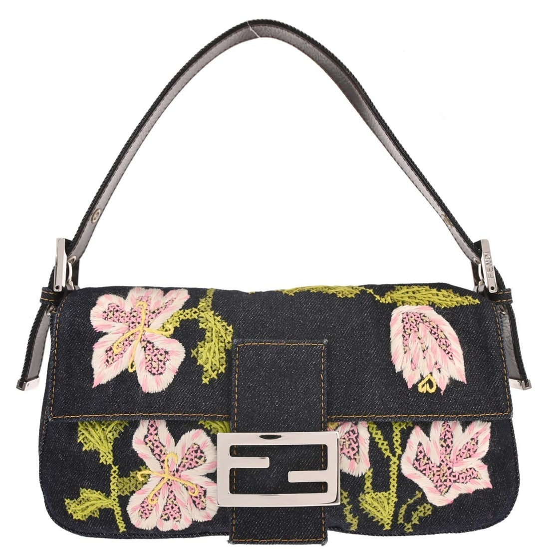 Navy Denim Fendi Baguette Shoulder Bag with Floral Embroidery: Navy Denim Fendi Baguette Shoulder Bag with Floral Embroidery This Fendi Baguette handbag features a navy denim exterior with flower embroidery, accented by the signature Fendi logo. The bag is design