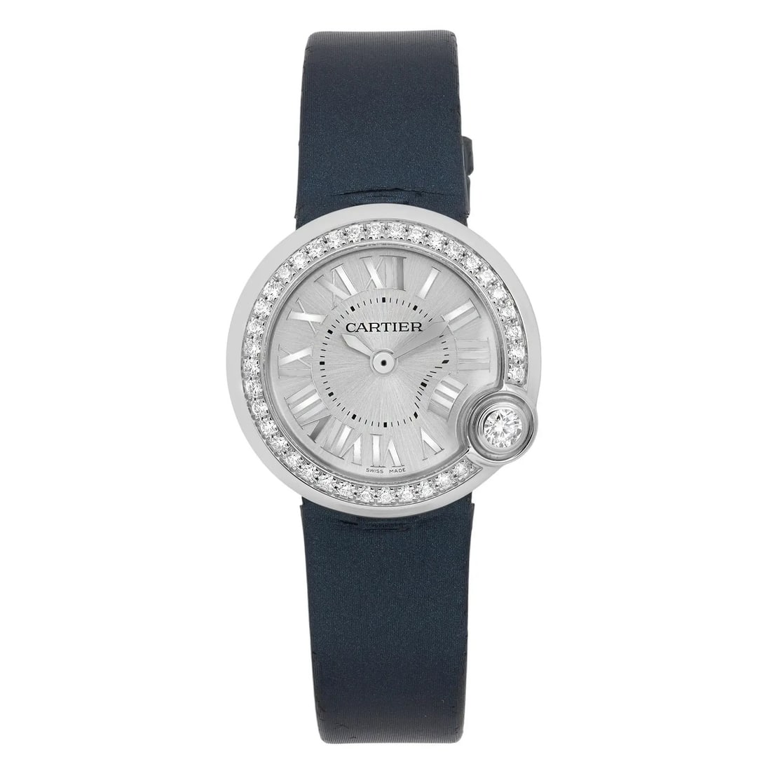 Cartier Ballon Blanc Quartz Watch 26MM Silver Dial Diamonds Blue Leather Strap: Cartier Ballon Blanc Quartz Watch 26MM Silver Dial Diamonds Blue Leather Strap Discover the elegance of the Cartier Ballon Blanc De Cartier Quartz Watch, featuring a 26MM round stainless steel case wi