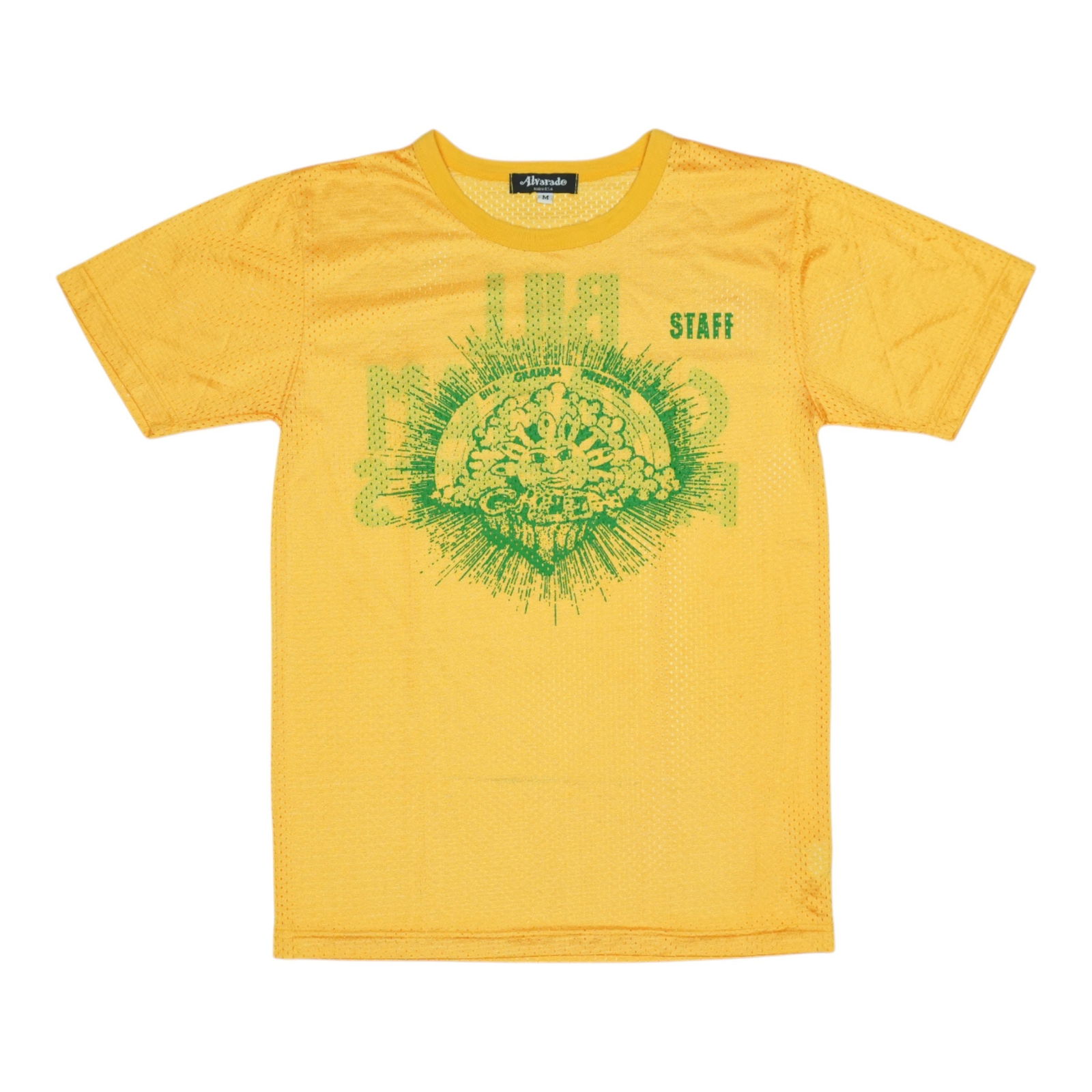 1970s Bill Graham Day On The Green Vintage Mesh Shirt Yellow: 1970s Bill Graham Day On The Green Vintage Mesh Shirt Yellow Discover a genuine piece of music history with this original vintage 1970s Bill Graham Day On The Green Staff Mesh Shirt. This unique shirt
