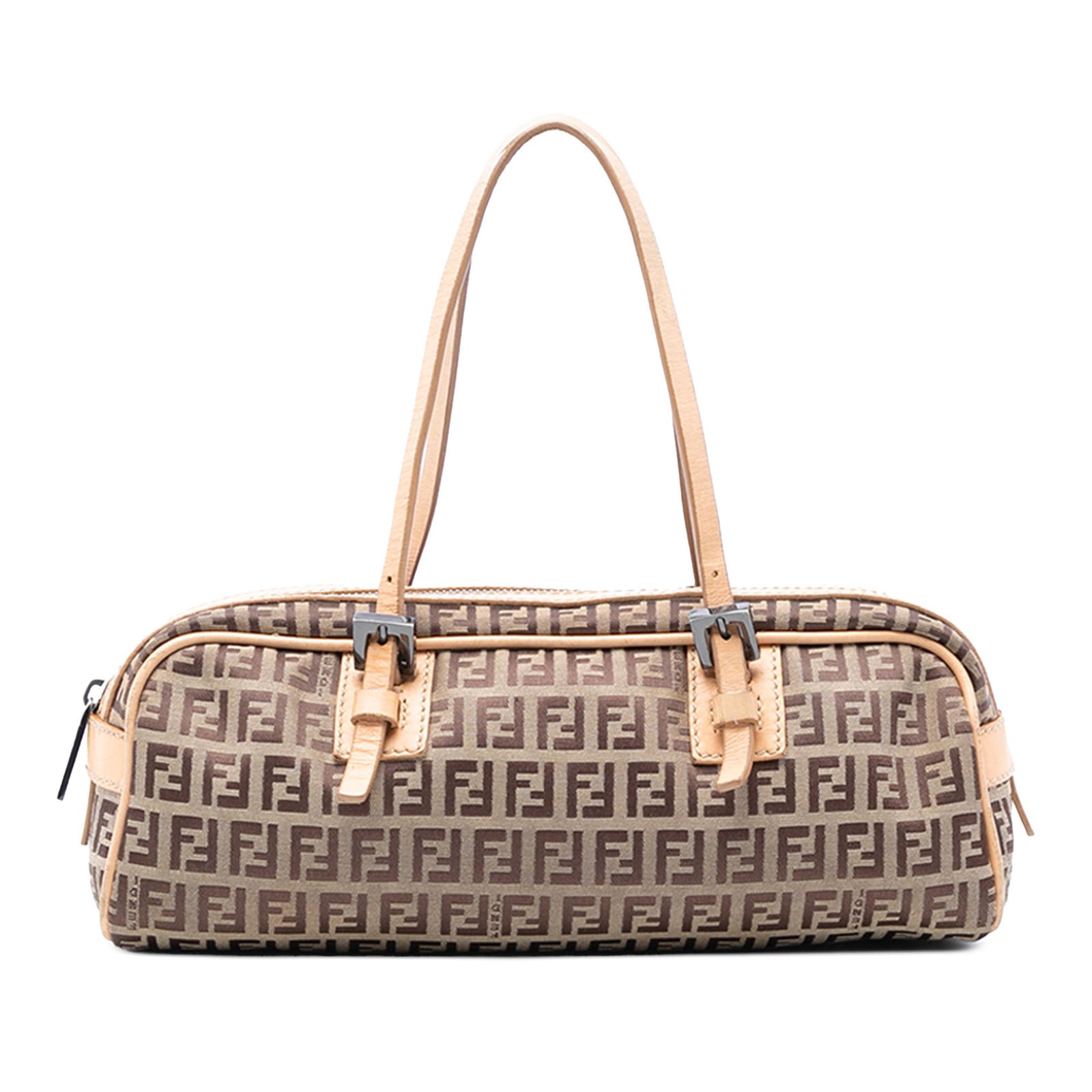 Brown canvas Fendi handbag with leather trim and top zip Zucchino model: Brown canvas Fendi handbag with leather trim and top zip Zucchino model This Fendi Zucchino Canvas Handbag features a canvas body with leather trim, flat leather straps, and a top zip closure. The bag