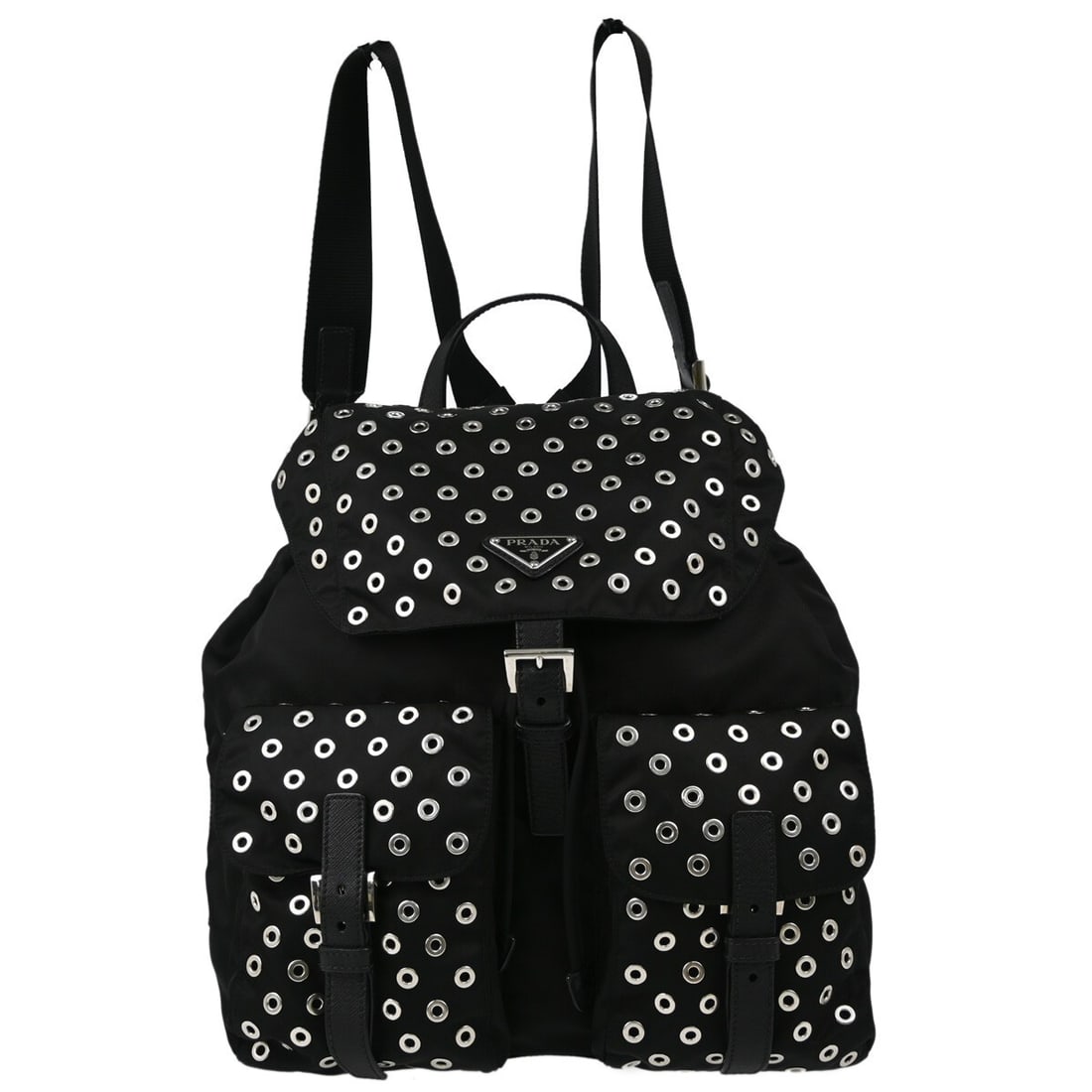 Prada Black Nylon Backpack 1BZ811 P/110 Casual Drawstring: Prada Black Nylon Backpack 1BZ811 P/110 Casual Drawstring This Prada Nylon Backpack features a sleek black exterior crafted from durable nylon, making it ideal for casual occasions. The backpack measu