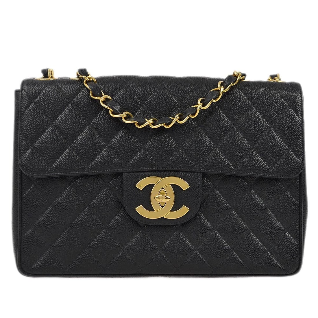 Chanel Black Caviar Jumbo Classic Flap Shoulder Bag with Adjustable Strap: Chanel Black Caviar Jumbo Classic Flap Shoulder Bag with Adjustable Strap Introducing the Chanel Black Calfskin Jumbo Classic Flap Shoulder Bag, a stunning accessory that combines elegance with practi