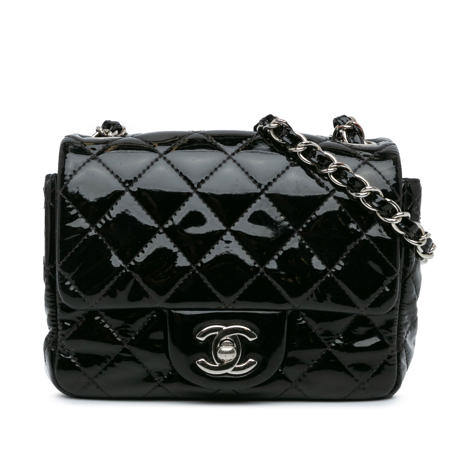 Chanel Mini Square Classic Patent Black Flap Bag Italy: Chanel Mini Square Classic Patent Black Flap Bag Italy This Chanel Mini Square Classic Patent Single Flap bag showcases a chic and timeless design with its quilted patent leather body. The bag feature