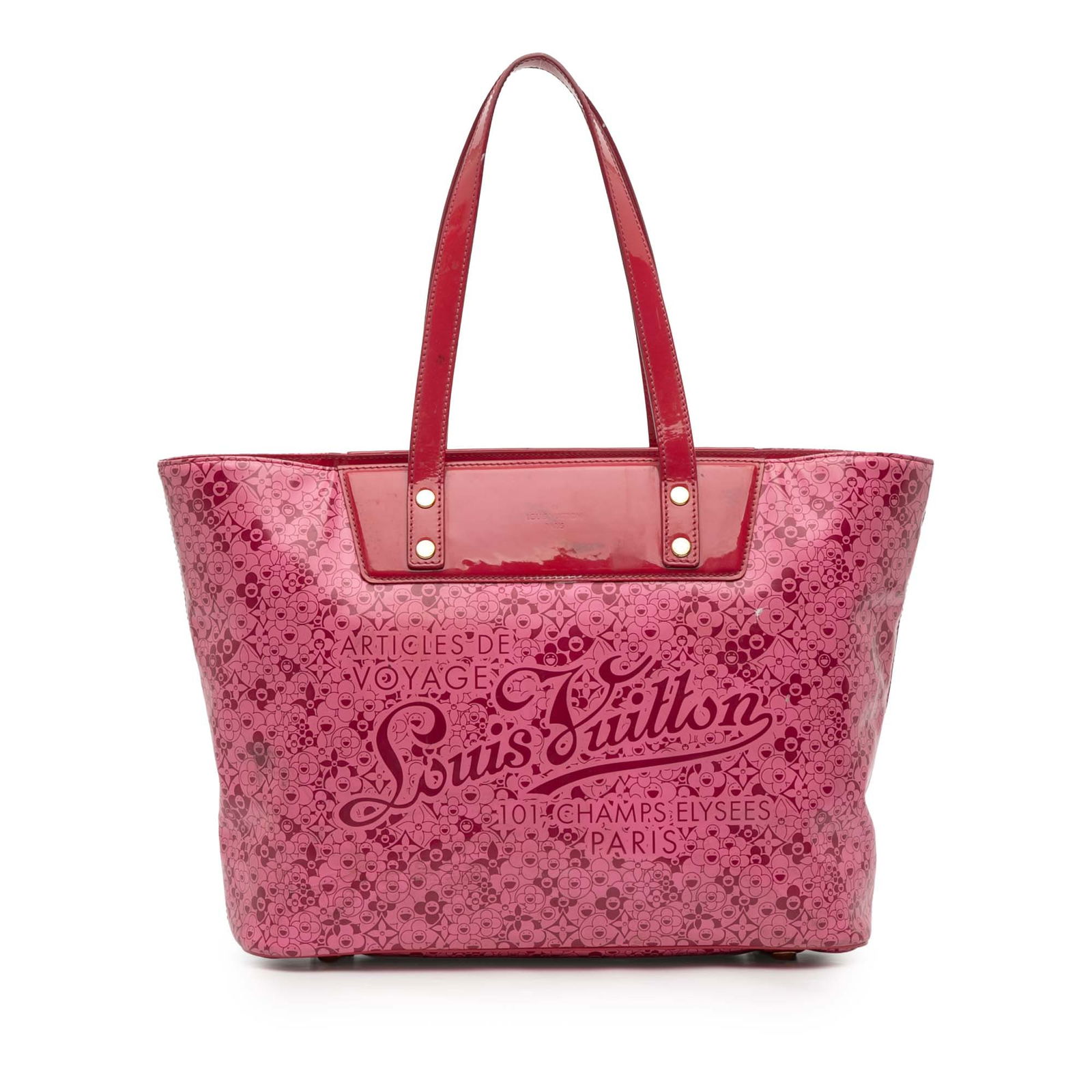 Louis Vuitton Cosmic Blossom PM Pink Tote by Takashi Murakami: Louis Vuitton Cosmic Blossom PM Pink Tote by Takashi Murakami This Louis Vuitton Takashi Murakami Cosmic Blossom Tote PM features a coated canvas body with pink patent leather trim and flat patent lea