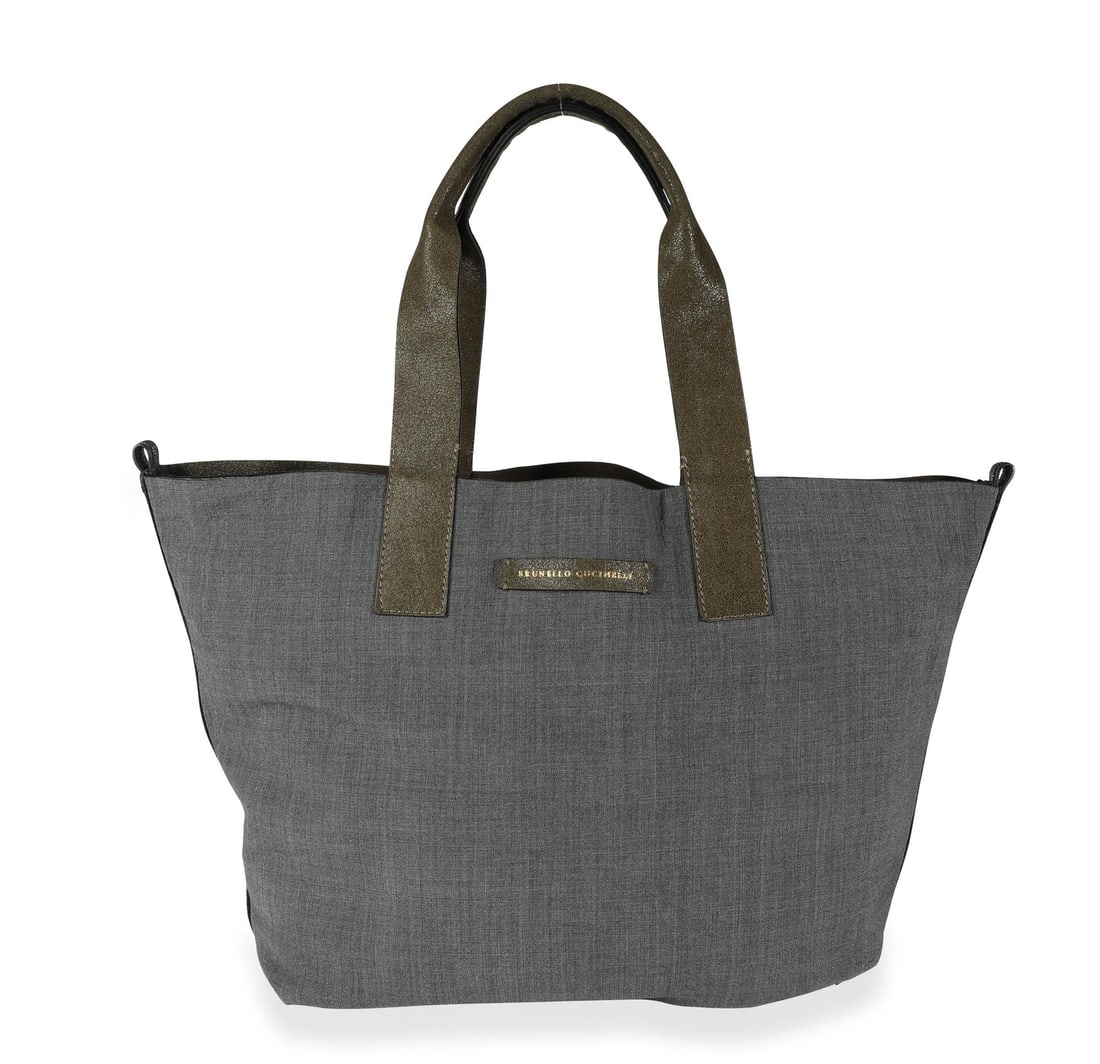 Brunello Cucinelli Olive Suede Gray Wool Reversible Tote Bag: Brunello Cucinelli Olive Suede Gray Wool Reversible Tote Bag Discover the elegance of the Brunello Cucinelli Olive Suede & Gray Wool Reversible Tote, a versatile accessory that combines style and func