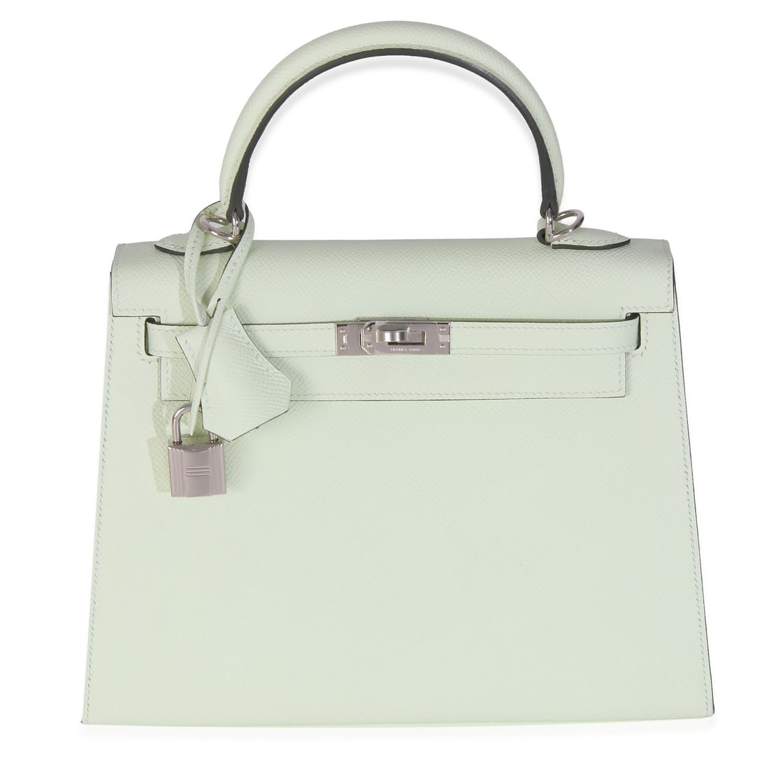 Hermes Kelly 25 Green Epsom Leather Handbag with Silver-Tone Hardware: Hermes Kelly 25 Green Epsom Leather Handbag with Silver-Tone Hardware This exquisite Hermes Kelly 25 handbag is crafted from high-quality leather in a vibrant green hue, making it a stunning addition