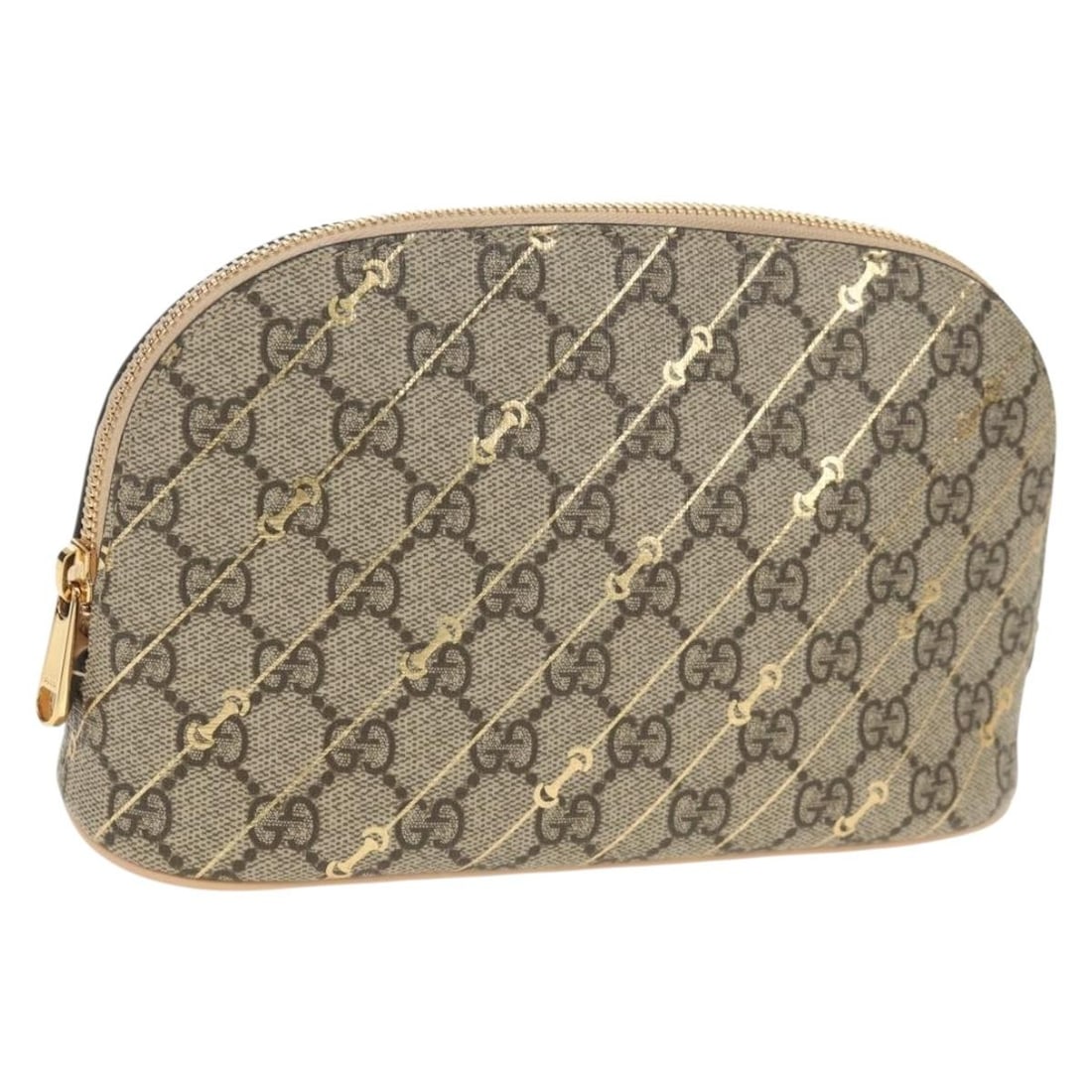 GUCCI Horsebit GG Supreme Beige Gold PVC Pouch 774337 Auth: GUCCI Horsebit GG Supreme Beige Gold PVC Pouch 774337 Auth This GUCCI Horsebit GG Supreme Pouch combines style and functionality, crafted from high-quality PVC leather in an elegant beige and gold col