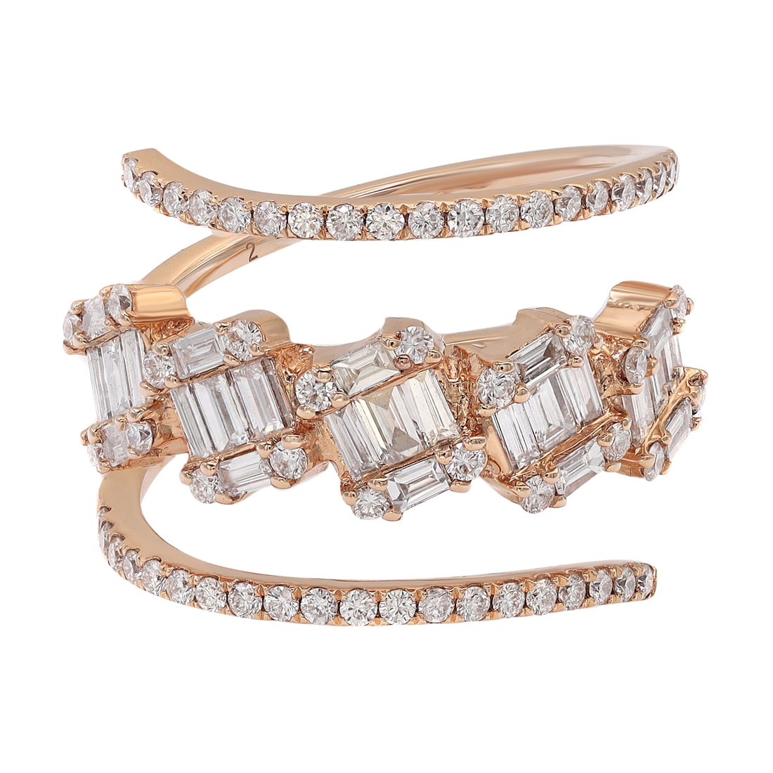Rachel Koen 18K Rose Gold Spiral Wrap Ring with Baguette and Round Diamonds 1.29ctw Size 6.5: Rachel Koen 18K Rose Gold Spiral Wrap Ring with Baguette and Round Diamonds 1.29ctw Size 6.5 This exquisite spiral wrap ring by Rachel Koen features a stunning combination of baguette and round cut di