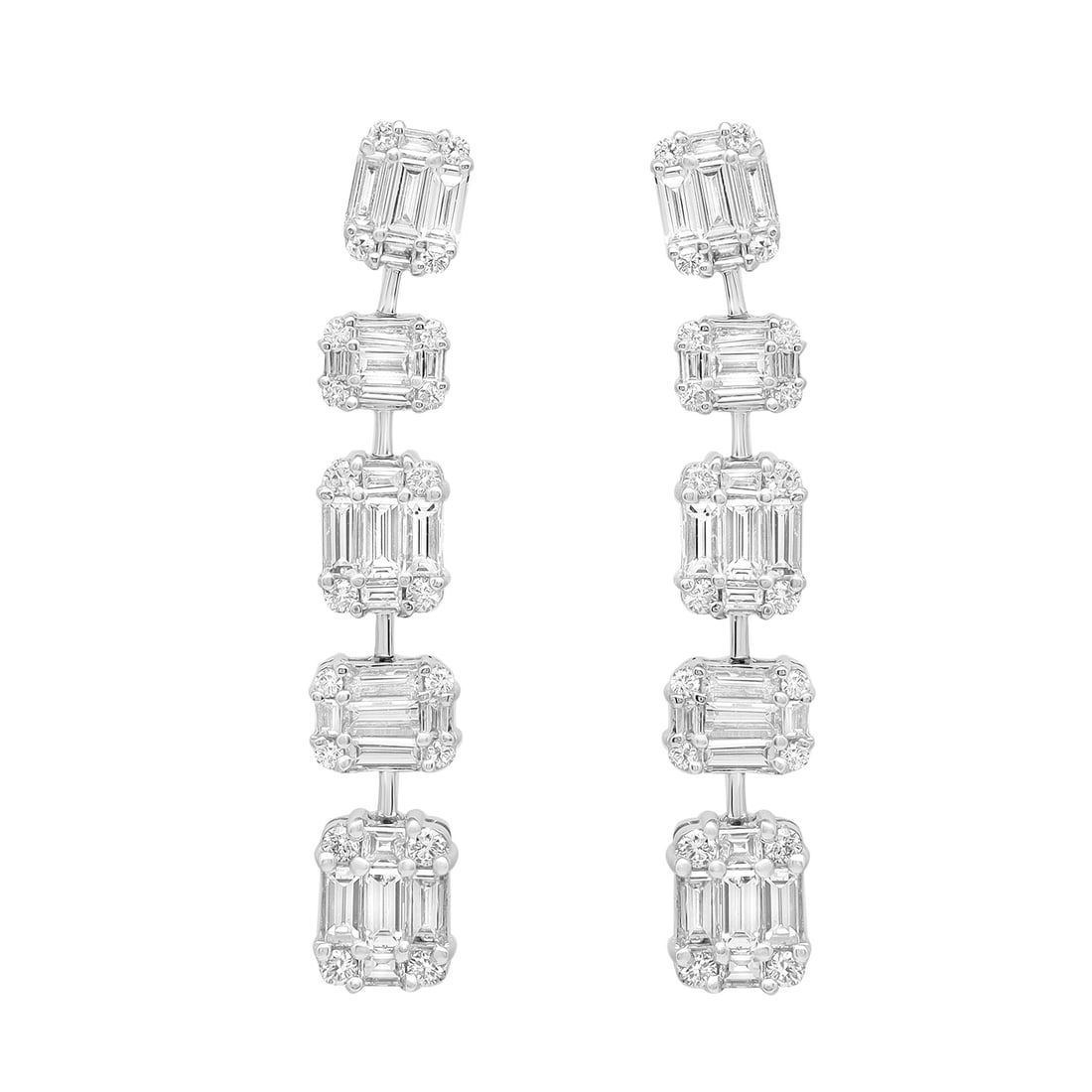 Rachel Koen 18K White Gold Diamond Drop Earrings 1.93ct Baguette Round: Rachel Koen 18K White Gold Diamond Drop Earrings 1.93ct Baguette Round Elevate your style with these exquisite drop earrings, artistically crafted from 18K white gold. Featuring a stunning combination