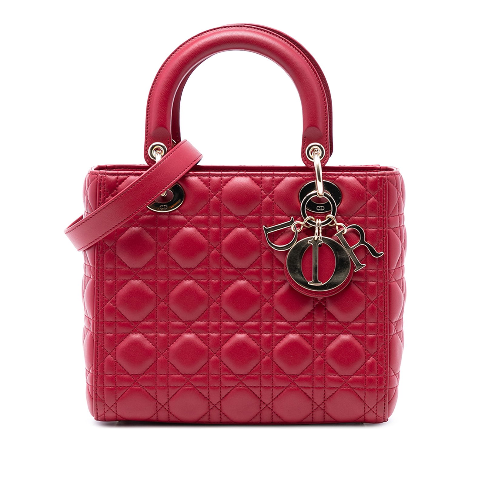 Dior Lady Dior Medium Red Lambskin Cannage Quilted Shoulder Bag: Dior Lady Dior Medium Red Lambskin Cannage Quilted Shoulder Bag This Lady Dior handbag features a quilted lambskin leather body in red, flat leather top handles, a detachable flat leather strap, a top
