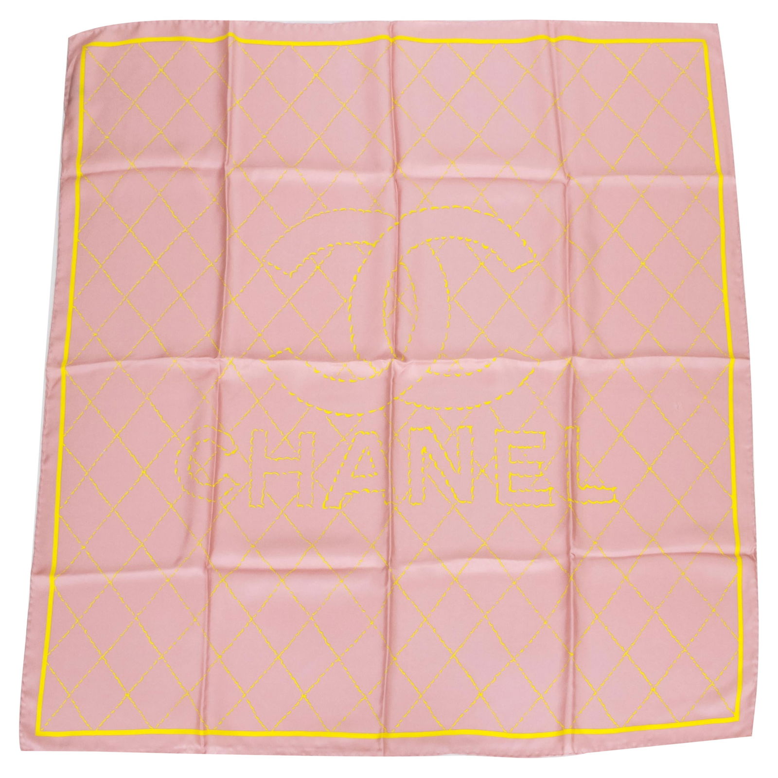 Chanel 100% Silk Pink Yellow Logo Scarf 35 x 35 Made in Italy (1 of 4)