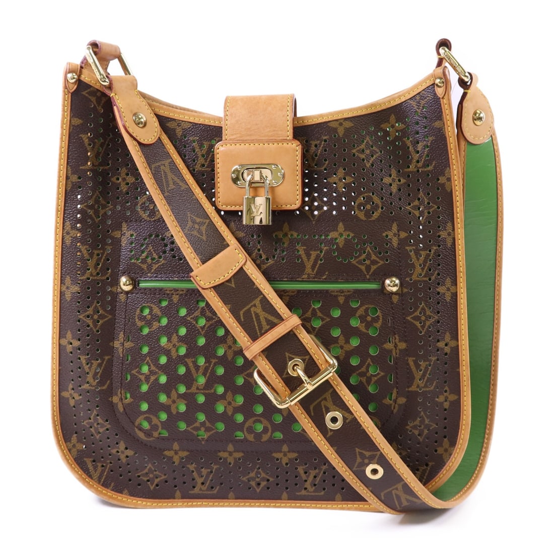 Louis Vuitton Perforated Musette Monogram Shoulder Bag M95173 Brown Green: Louis Vuitton Perforated Musette Monogram Shoulder Bag M95173 Brown Green This Louis Vuitton Perfo Musette shoulder bag features the signature monogram PVC coated canvas exterior in brown with green a