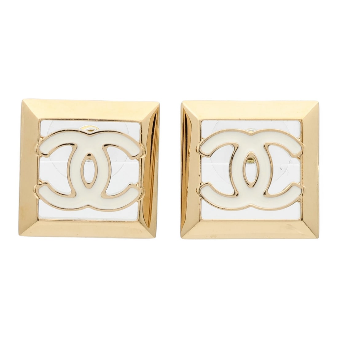 Gold and White CHANEL Pierced Earrings with CC Logo (1 of 12)