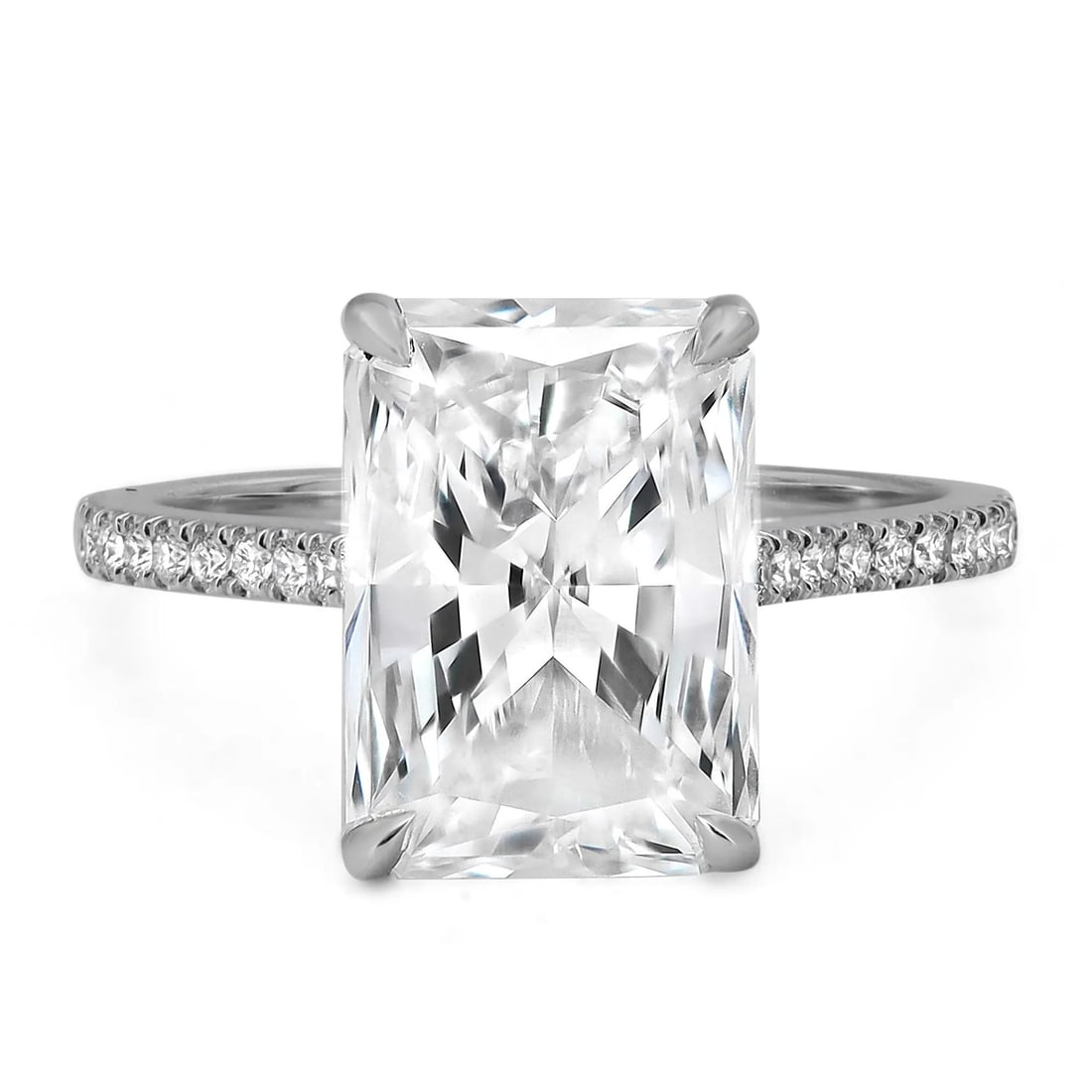 Rachel Koen 5.02Ct Lab Grown Diamond Engagement Ring 18K White Gold IGI Certified: Rachel Koen 5.02Ct Lab Grown Diamond Engagement Ring 18K White Gold IGI Certified This exquisite engagement ring features a cut cornered rectangular lab grown diamond, weighing 5.02 carats, set in lus