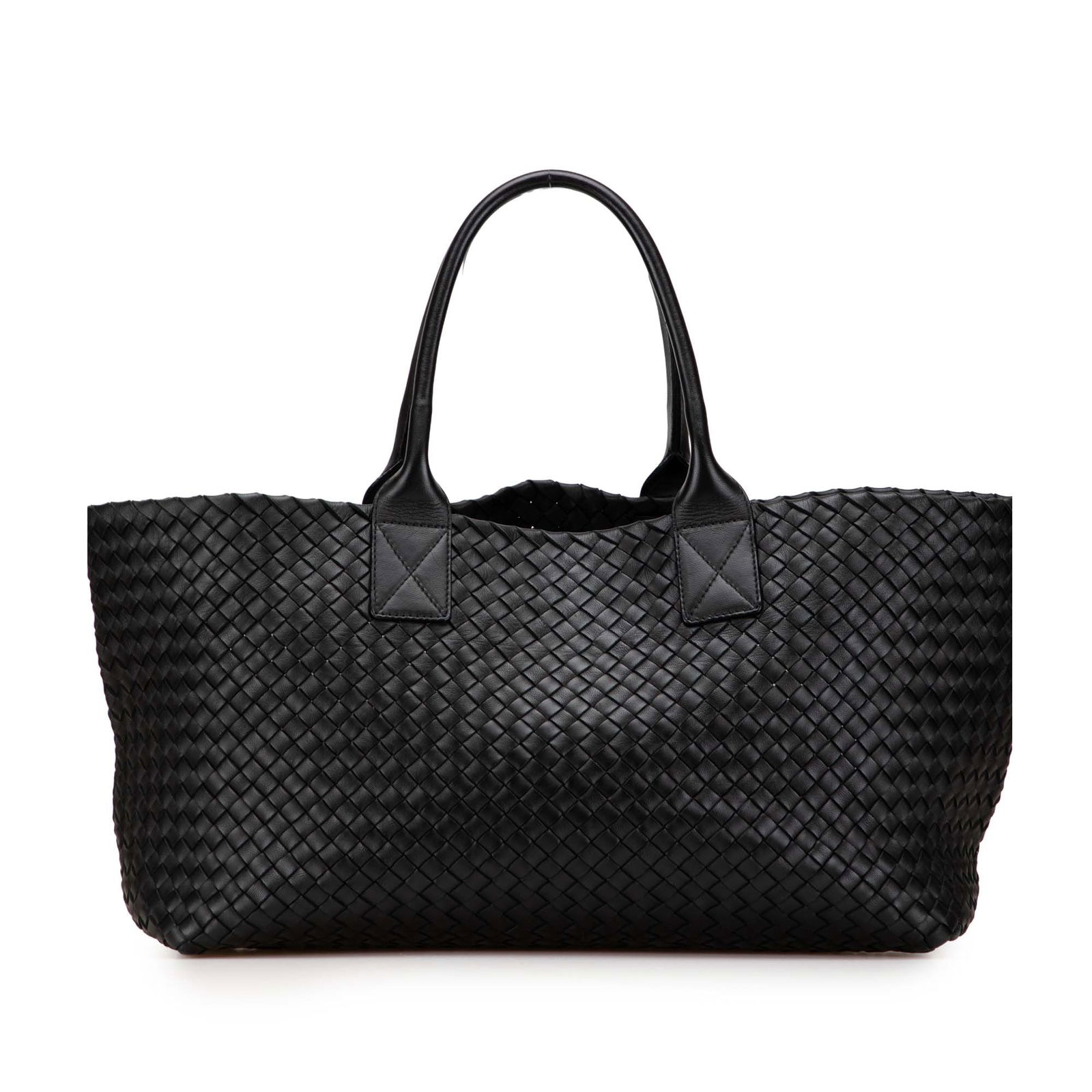 Bottega Veneta Medium Intreccio Cabat Tote Black Leather: Bottega Veneta Medium Intreccio Cabat Tote Black Leather The Bottega Veneta Medium Lambskin Intreccio Cabat Tote showcases exquisite craftsmanship with its woven leather body and elegant rolled leathe