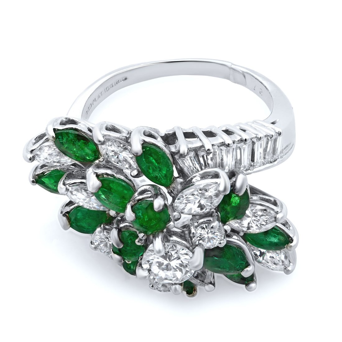 Rachel Koen Antique Platinum Cocktail Ring with Diamond and Emerald 1.70ct: Rachel Koen Antique Platinum Cocktail Ring with Diamond and Emerald 1.70ct This exquisite antique-style cocktail ring features a stunning combination of white round, marquise, and baguette cut diamond