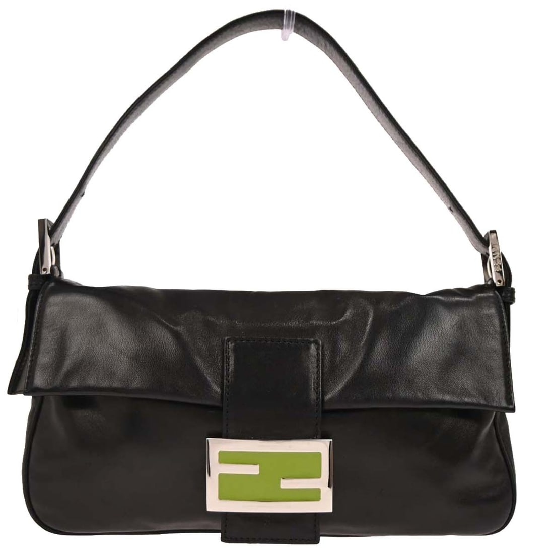 Fendi Baguette Medium Black Leather Shoulder Bag with Silver Hardware: Fendi Baguette Medium Black Leather Shoulder Bag with Silver Hardware This Fendi Baguette handbag is crafted from black leather and features a silver-tone magnetic closure. It comes in a medium size w