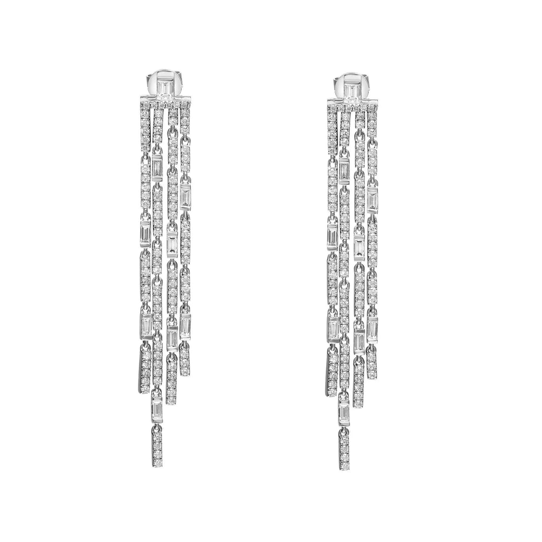 Rachel Koen 18K White Gold Long Drop Earrings 2.65ct Baguette Round Diamonds: Rachel Koen 18K White Gold Long Drop Earrings 2.65ct Baguette Round Diamonds Elevate your style with these stunning long drop earrings, expertly crafted from lustrous 18K white gold. Designed by Rache