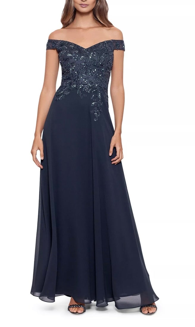 Betsy & Adam Charcoal Off-The-Shoulder Sequin Ball Gown: Betsy & Adam Charcoal Off-The-Shoulder Sequin Ball Gown Step into elegance with this stunning off-the-shoulder ball gown by Betsy & Adam. Crafted in a sophisticated charcoal gray, this floor-length fo