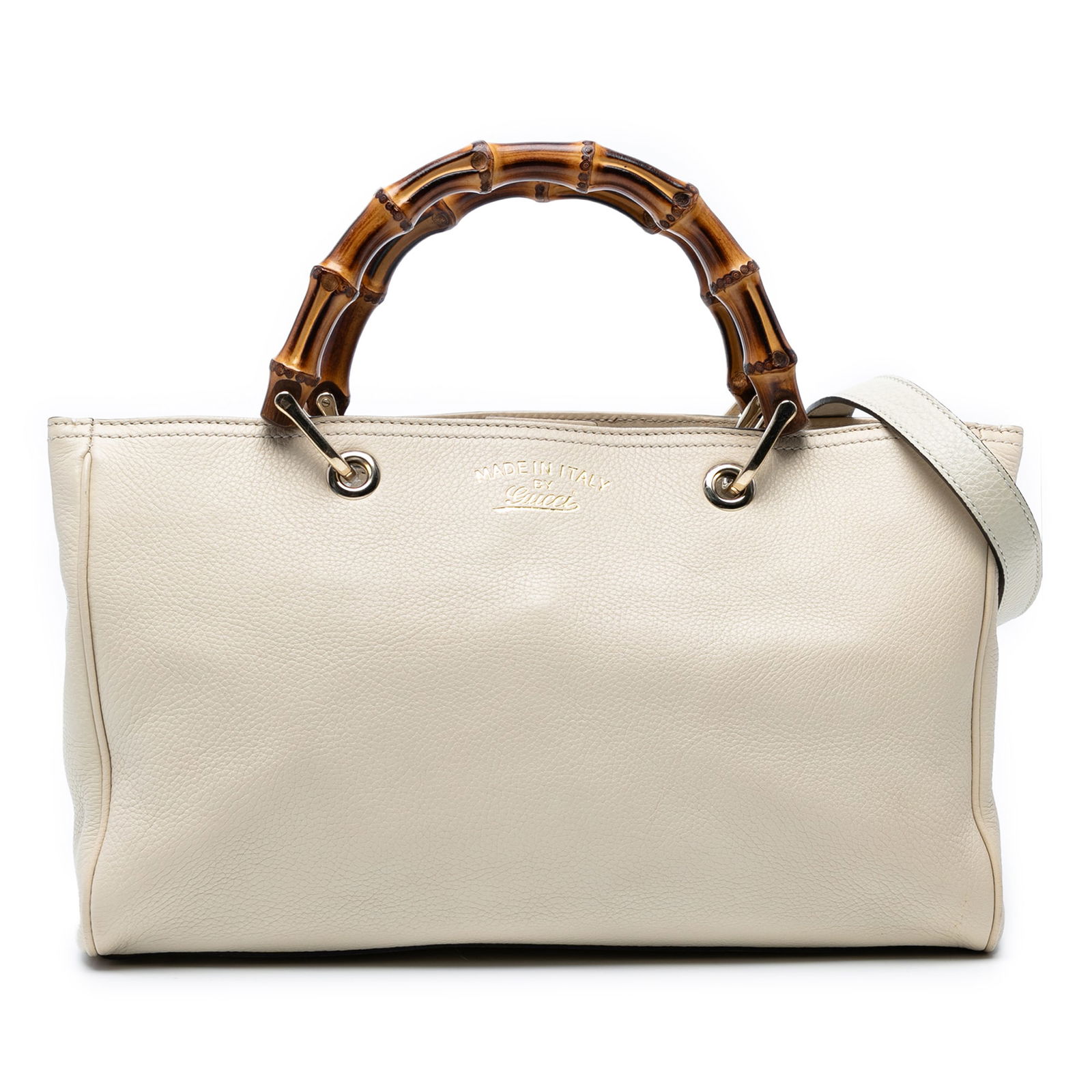 Gucci Medium Calfskin Bamboo Shopper Satchel White: Gucci Medium Calfskin Bamboo Shopper Satchel White Introducing the Gucci Medium Calfskin Bamboo Shopper Satchel, a luxurious bag crafted from high-quality leather. This stylish satchel features elegan
