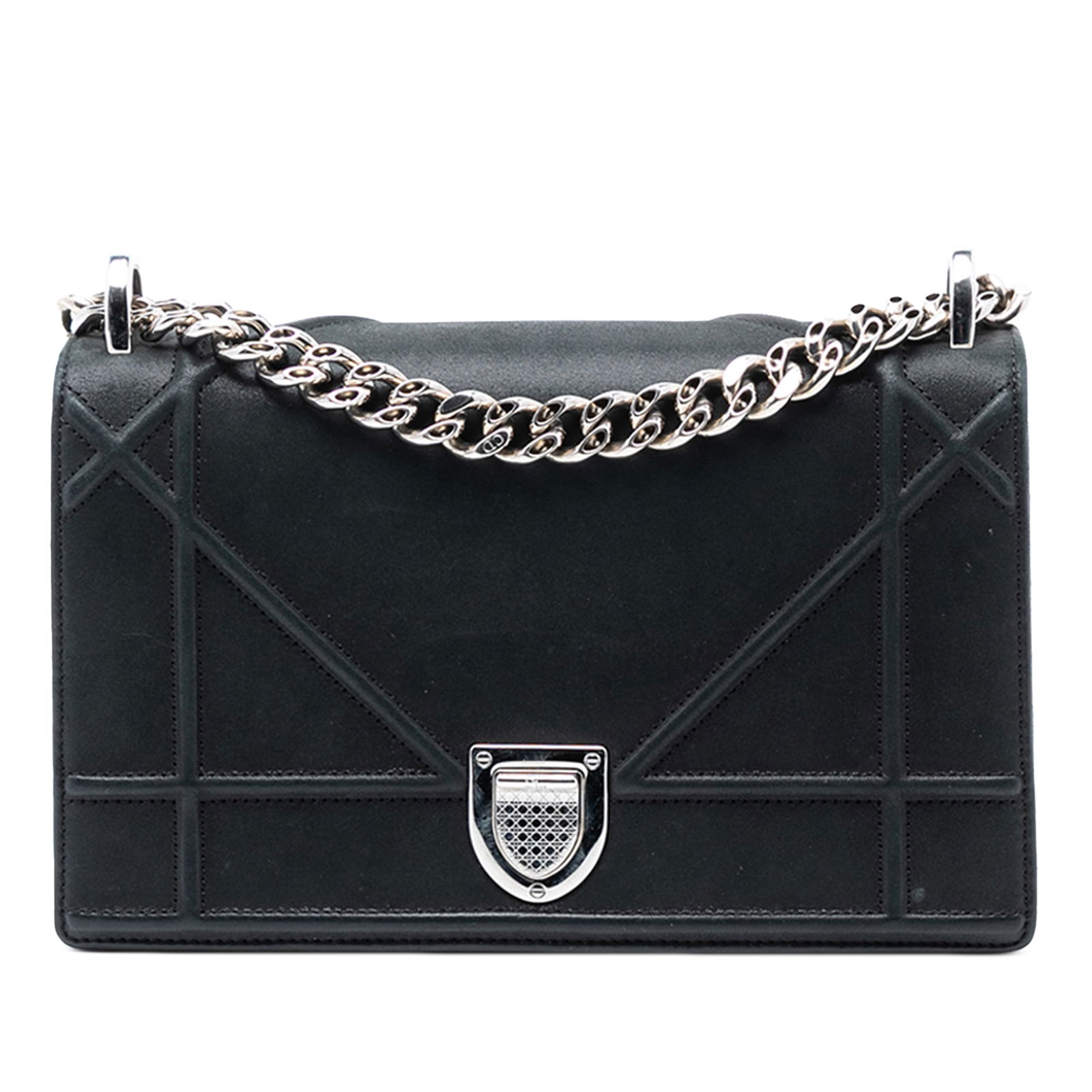 Dior Small Diorama Black Lambskin Leather Shoulder Bag with Chain Strap: Dior Small Diorama Black Lambskin Leather Shoulder Bag with Chain Strap This Dior Small Lambskin Diorama Flap bag showcases a lambskin leather body in black with a chain link shoulder strap and a fron