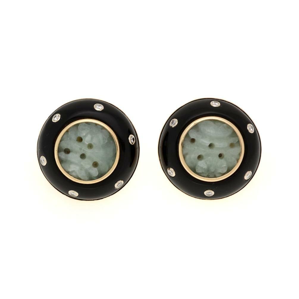 Trianon I Magnin 14k Gold Diamond Jade Onyx Dome Earrings (1 of 4)