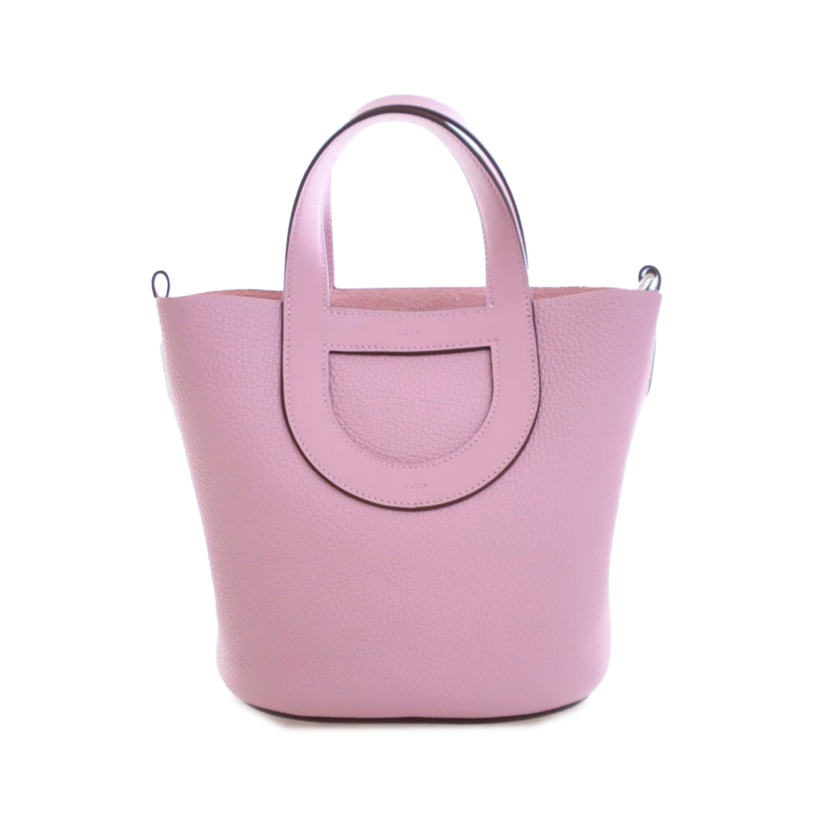 Hermes In The Loop 18 Mauve Sylvestre Clemence Swift Leather Bag: Hermes In The Loop 18 Mauve Sylvestre Clemence Swift Leather Bag This handbag is crafted from Clemence and Swift leather in Mauve Sylvestre, featuring flat leather handles, an open top with hook closu