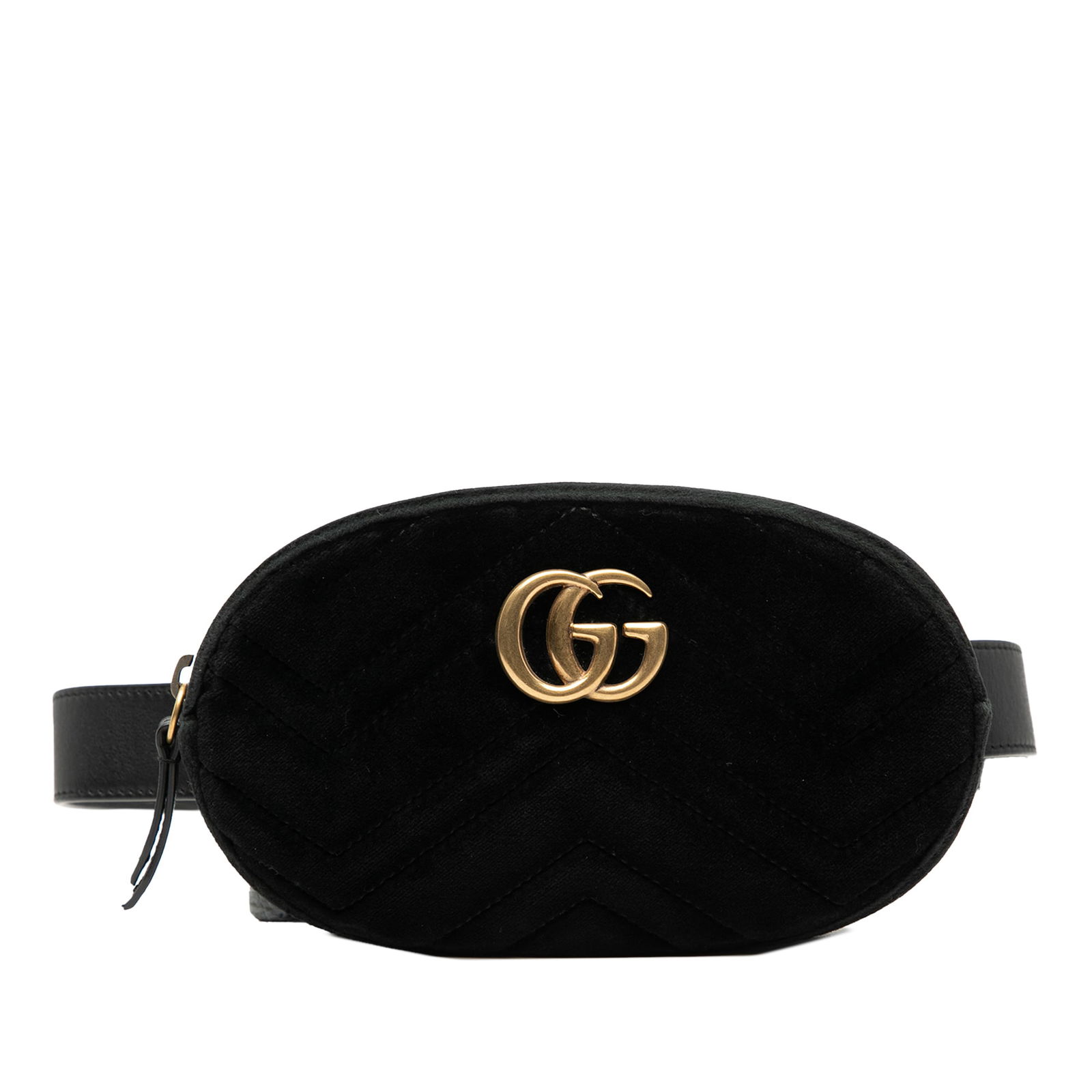 Gucci GG Marmont Black Velvet Matelasse Belt Bag with Adjustable Strap: Gucci GG Marmont Black Velvet Matelasse Belt Bag with Adjustable Strap This Gucci GG Marmont Matelasse Velvet Belt Bag features a black velvet body with an adjustable and detachable flat leather strap