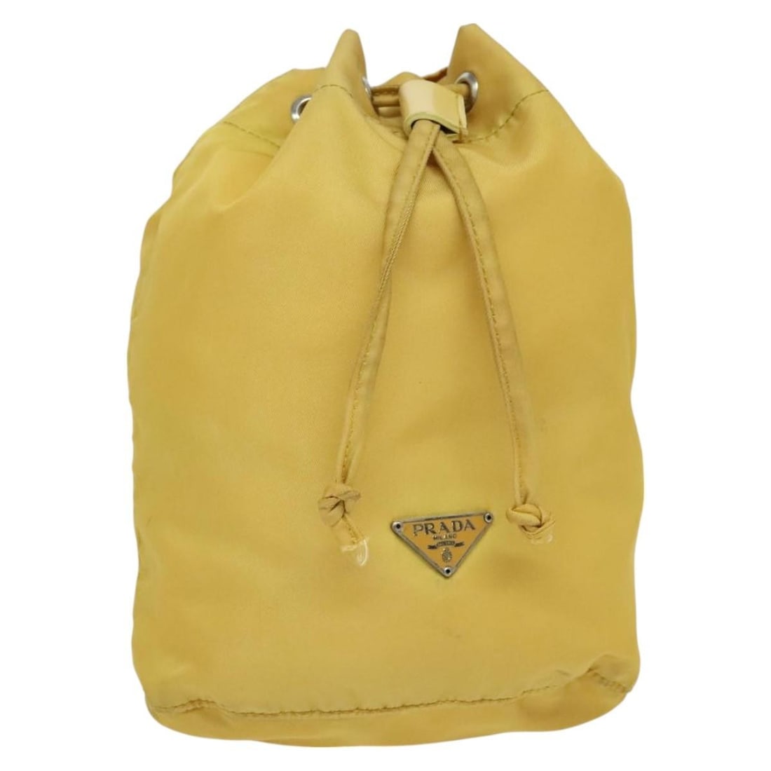 Yellow Prada Wristlet Bucket Pouch Drawstring Closure: Yellow Prada Wristlet Bucket Pouch Drawstring Closure This pre-owned Prada drawstring wristlet bucket bag in yellow is designed for female use. The bag shows signs of use, including surface rubbing, s