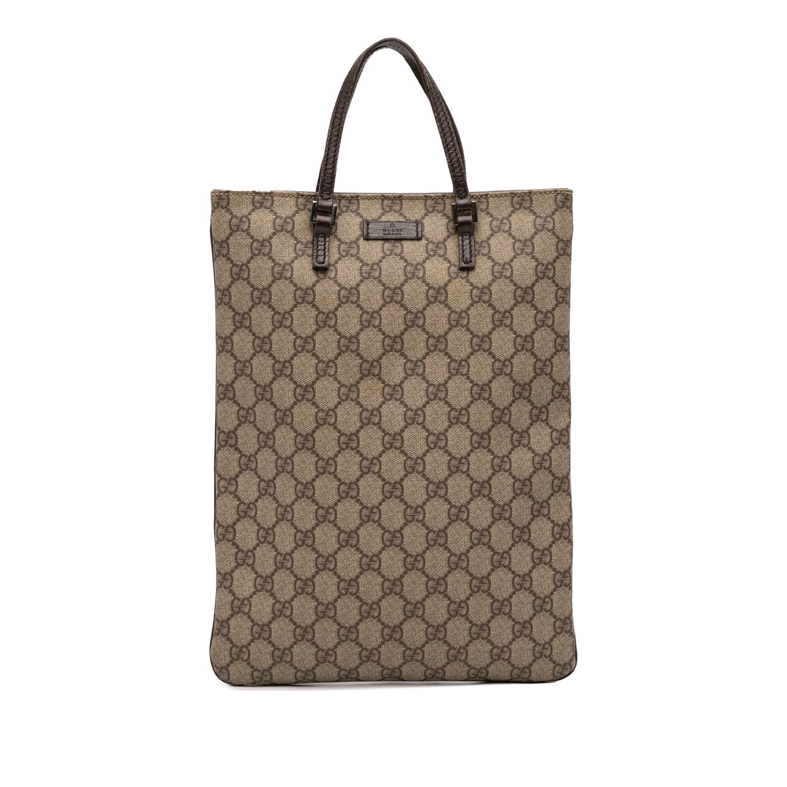 Gucci GG Supreme Brown Tote Bag Coated Canvas Italy: Gucci GG Supreme Brown Tote Bag Coated Canvas Italy The Gucci GG Supreme Tote is a stylish and functional bag made from coated canvas, featuring flat leather straps and an open top secured with a magn