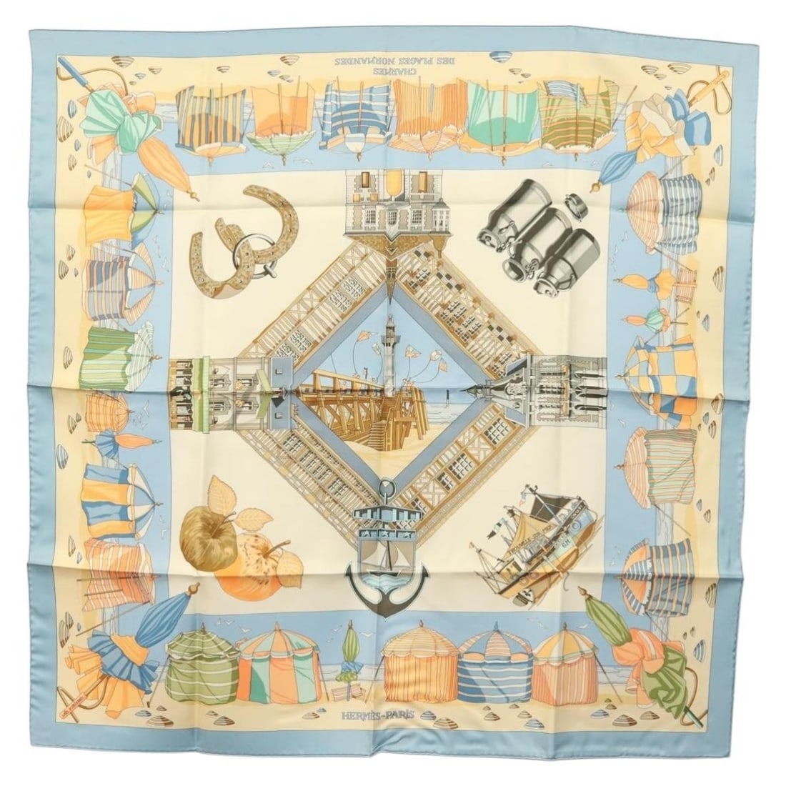 HERMES Carre 90 Scarf DES PLAGES NORMANDES Silk Beige France Auth (1 of 15)