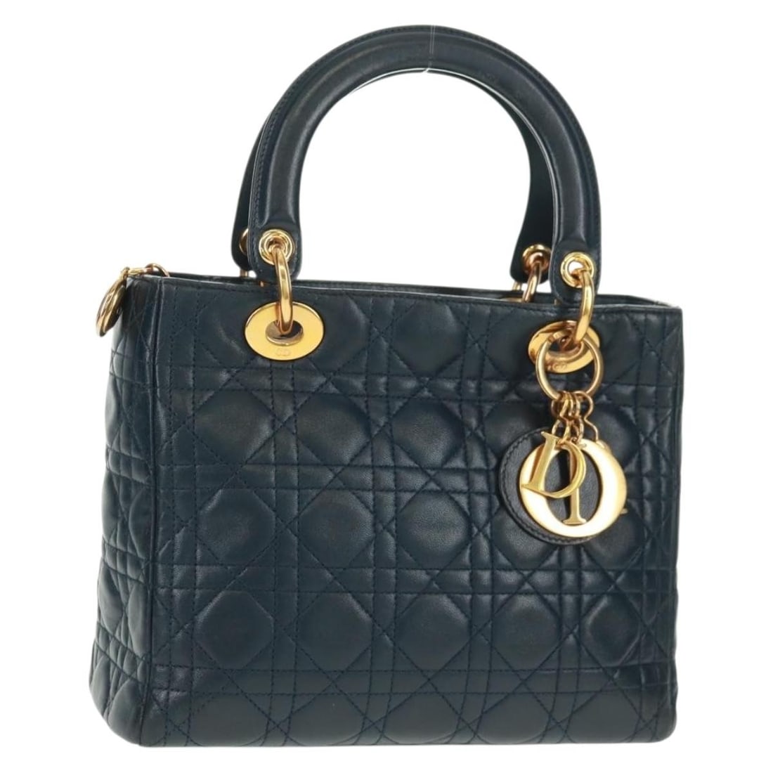 Lady Dior Navy Lambskin Handbag with Gold Hardware and Canage Pattern (1 of 18)