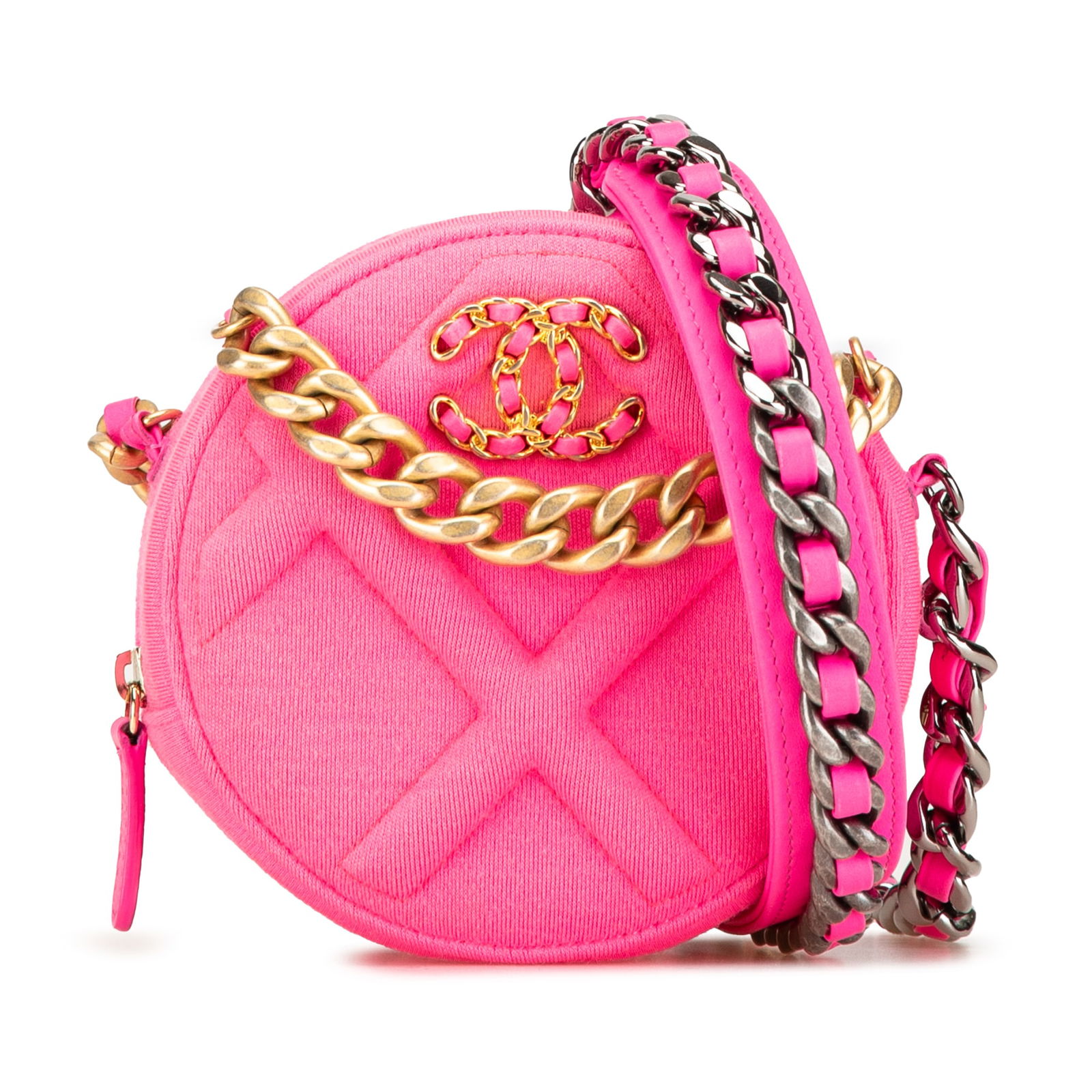 Chanel Jersey 19 Round Clutch on Chain Pink Fabric Italy: Chanel Jersey 19 Round Clutch on Chain Pink Fabric Italy Introducing the Chanel Jersey 19 Round Clutch on Chain, a stylish and versatile handbag that combines elegance and practicality. This exquisite