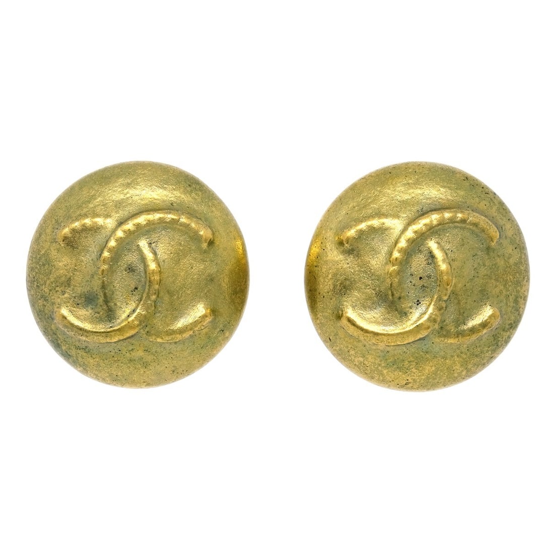 Gold Round Clip-On Earrings with CC Motif by Chanel Vintage: Gold Round Clip-On Earrings with CC Motif by Chanel Vintage These Chanel vintage CC round clip-on earrings feature a gold-tone finish and classic Chanel branding. Designed for women, they remain in go