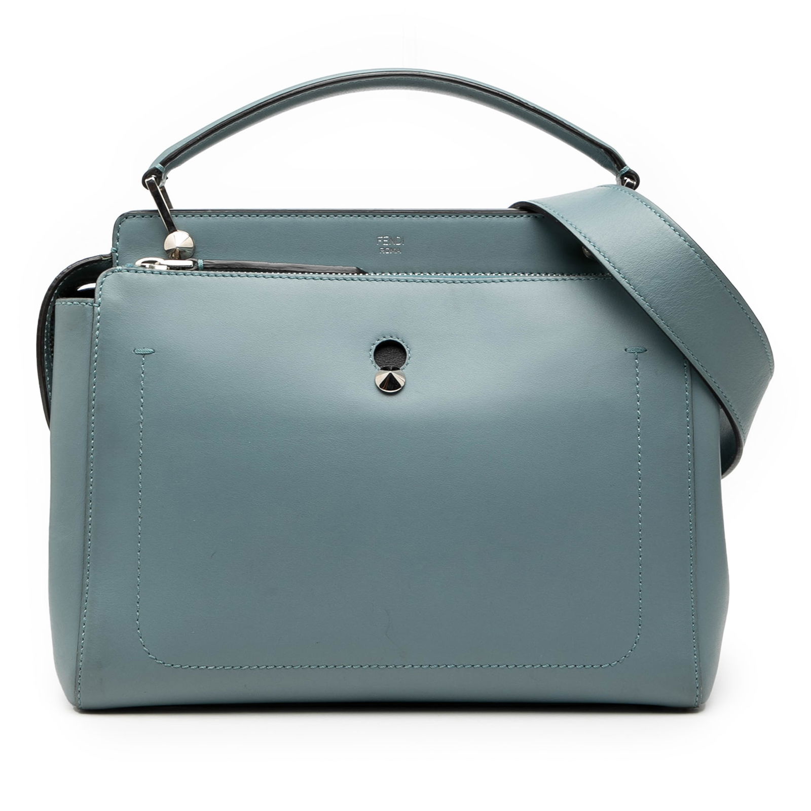 Fendi DotCom Medium Blue Leather Satchel with Shoulder Strap: Fendi DotCom Medium Blue Leather Satchel with Shoulder Strap This Fendi Medium Leather DotCom Satchel features a blue leather body with a flat leather top handle and a detachable flat leather strap. T