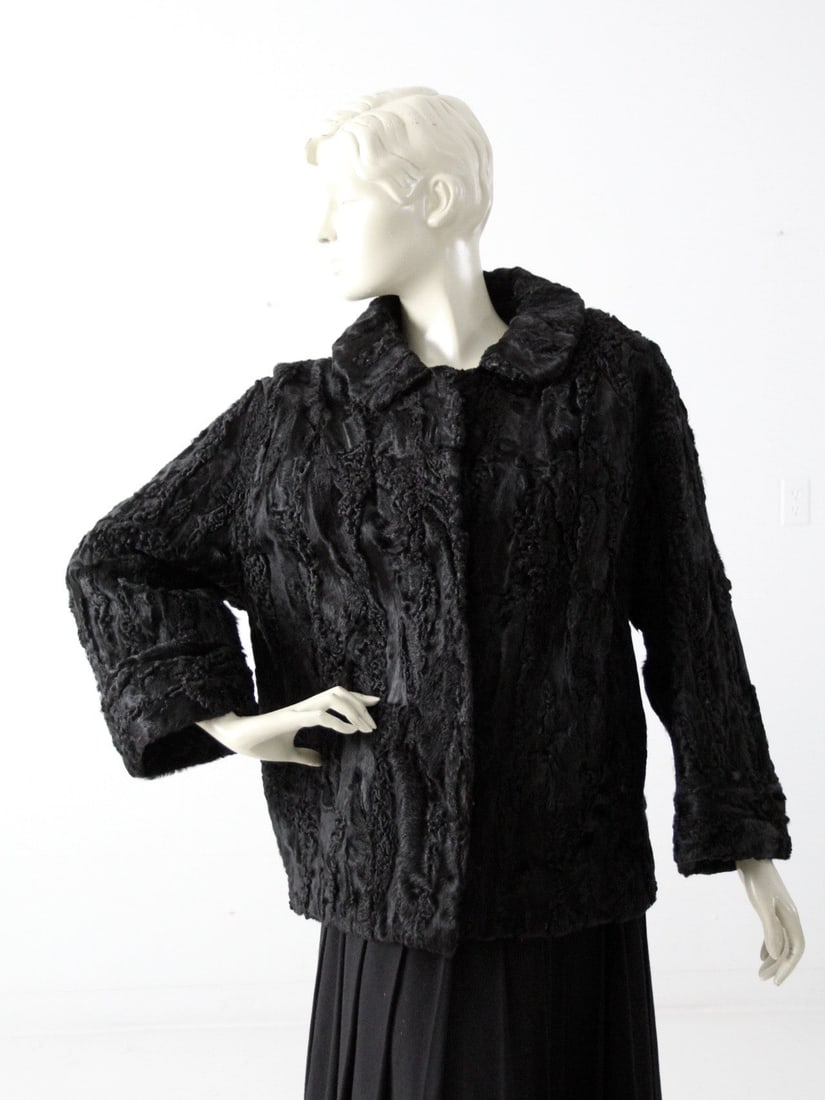 Antique Black Karakul Lamb Fur Coat with Bell Sleeves (1 of 7)